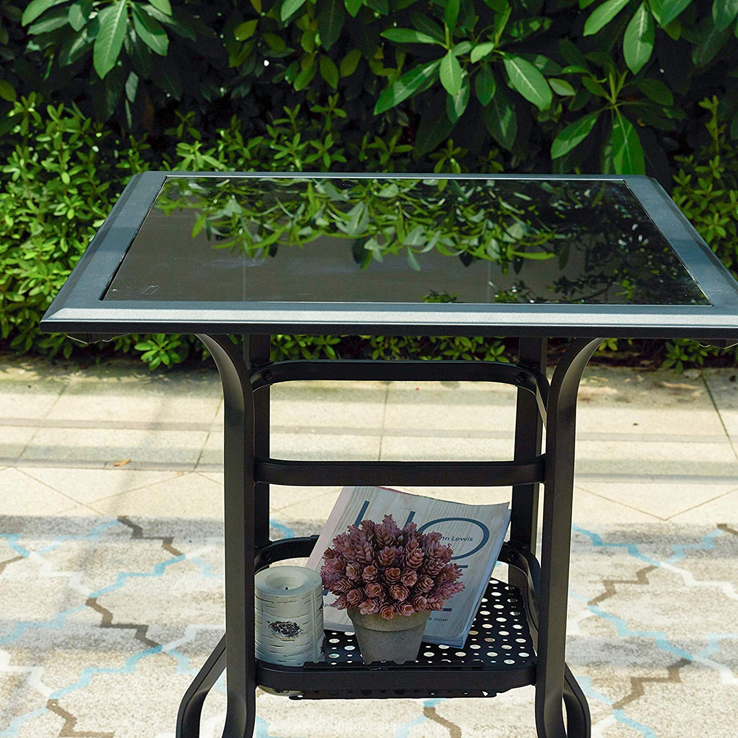 PatioFestival 2-Tier Outdoor Bistro Bar Table - Metal Steel Slat Dining Side Table with Tempered Glass Top & Storage - Perfect for Patio, Garden, Balcony & Small Space Dining (1 Table)