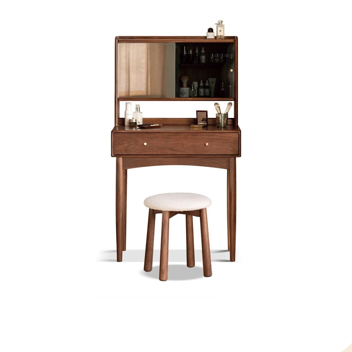 Solid Black Walnut Wood Mirror Dressing Table with Storage | Makeup Vanity Desk for Bedroom | Elegant Bedroom Furniture & Cosmetics Organizer