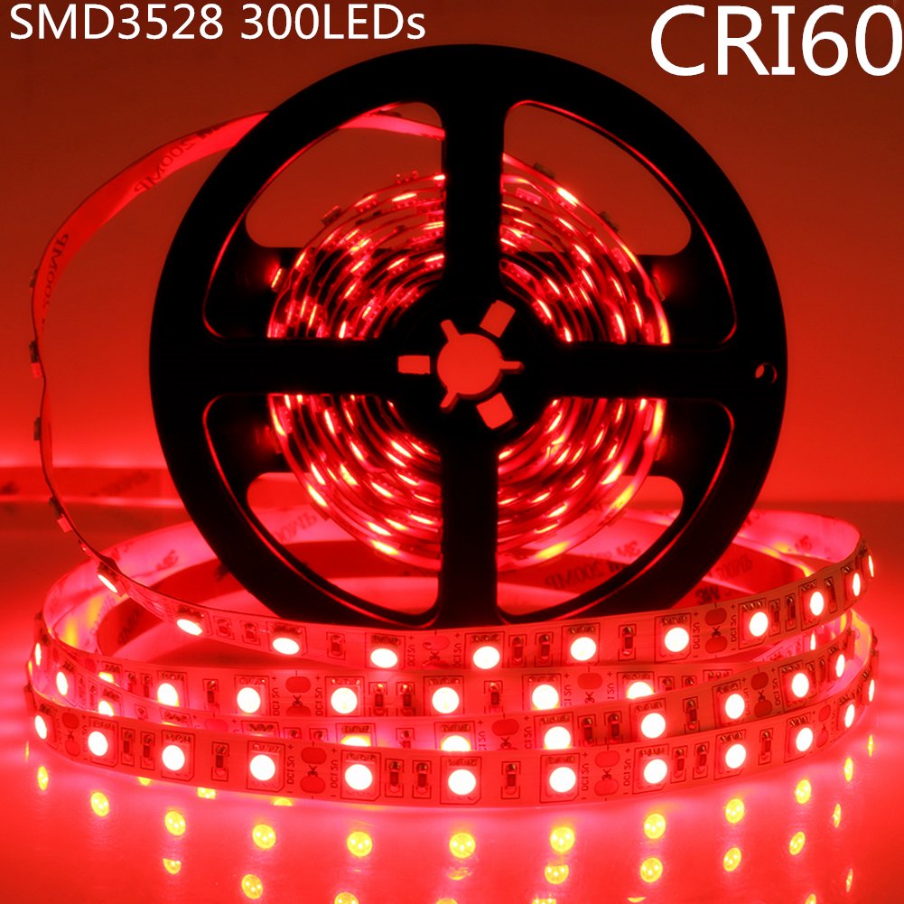 LightingWill 16.4Ft Red LED Strip Lights 620nm - 300 LEDs SMD3528, 12V DC Flexible Ribbon with Adhesive Tape - Perfect for Bedroom, Kitchen, Party & Home Decoration Lighting