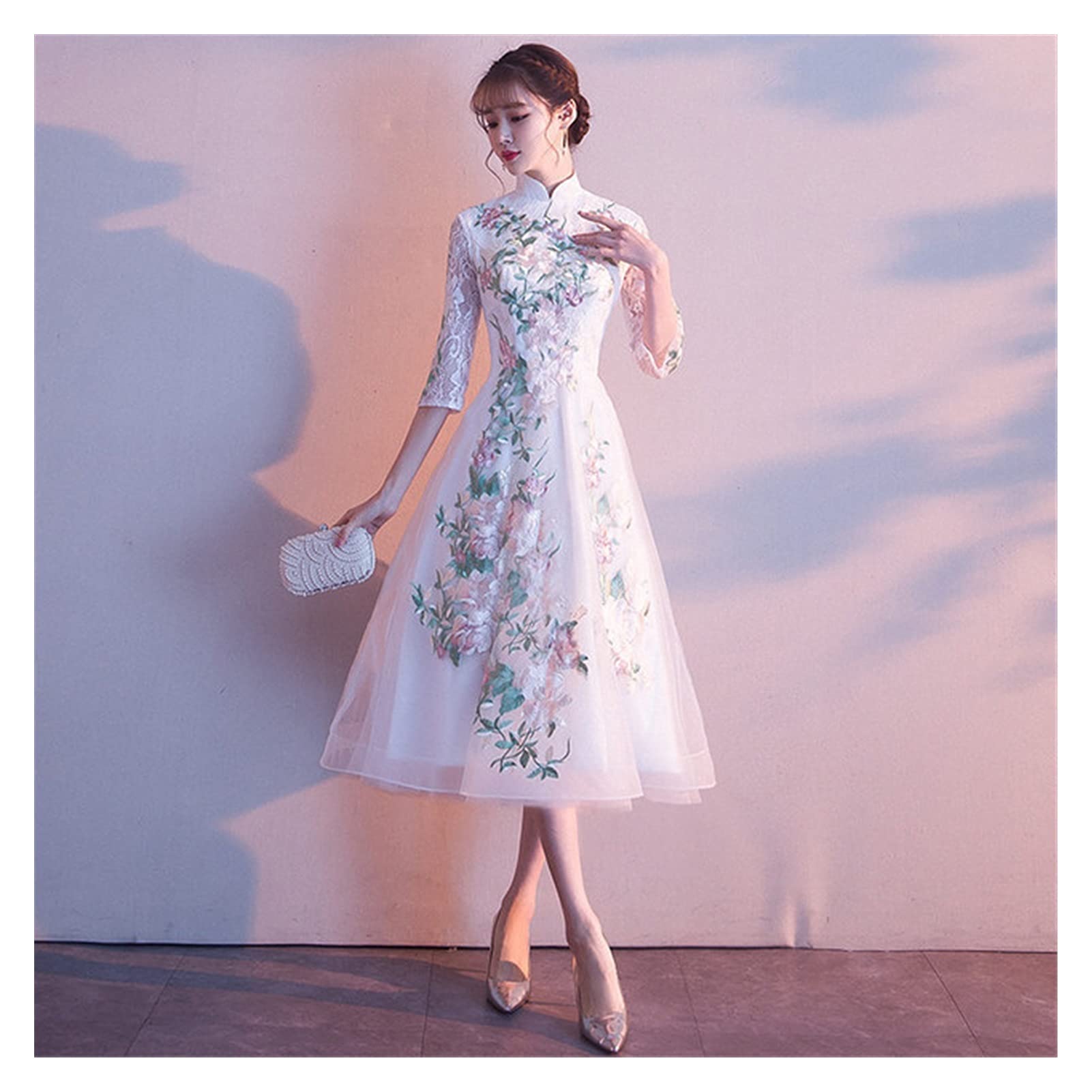 Elegant Oriental Chinese Cheongsam Dress for Women - Sexy Lace Qipao Short Robe in White (Large) - Perfect for Wedding, Prom, Party & Evening Events