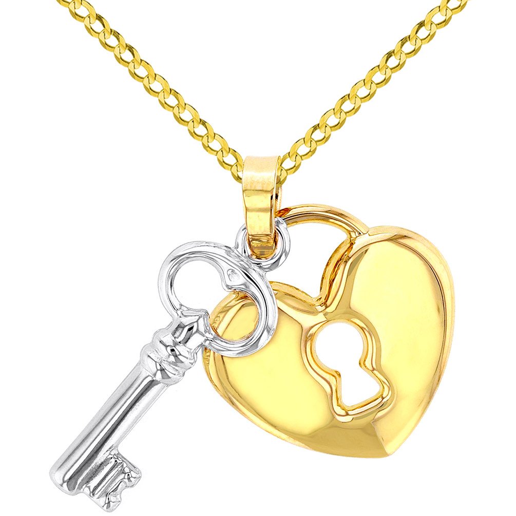 14K Yellow Gold Heart & White Gold Love Key Pendant Necklace - Cable, Curb, or Figaro Chain Options - Perfect for Valentine's Day, Anniversary & Romantic Gifts