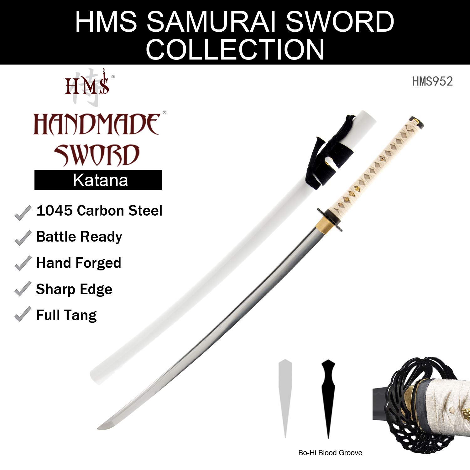Handmade Samurai Katana Sword - Practical Hand Forged 1045 Carbon Steel Blade with Heat/Clay Tempering - Full Tang Sharp Sword with Scabbard - Perfect for Martial Arts Training, Cosplay & Collectors Display