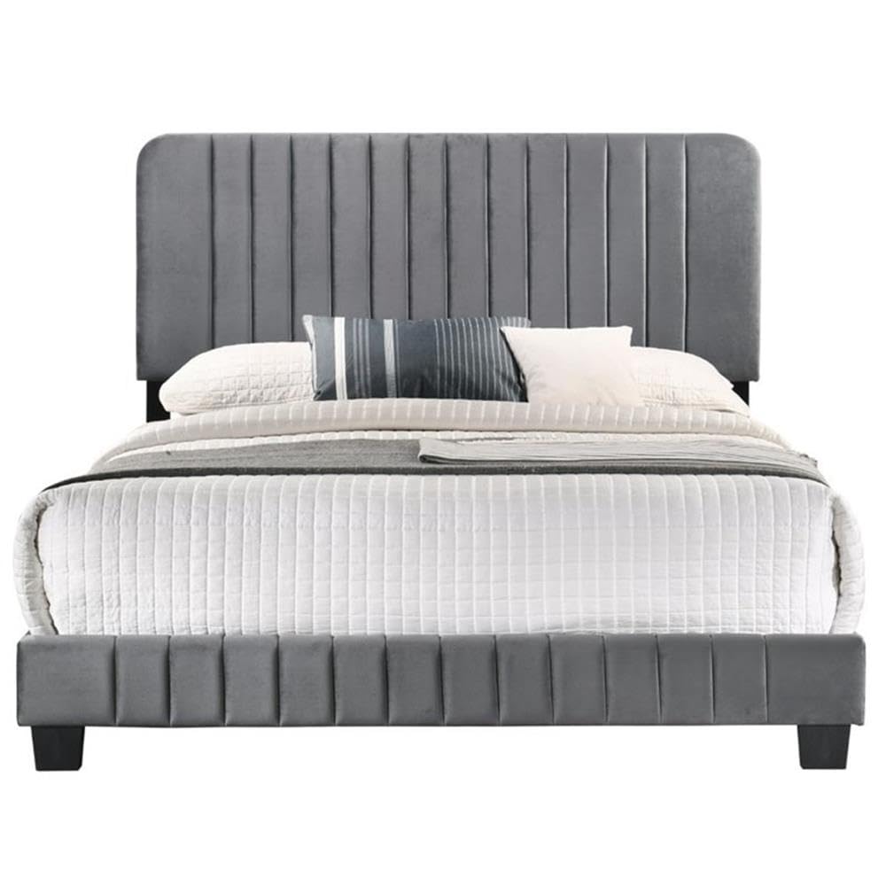 Glory Furniture Lodi Velvet Upholstered Full Size Bed Frame in Gray - Luxurious Modern Bedroom Furniture for Master Bedroom or Guest Room