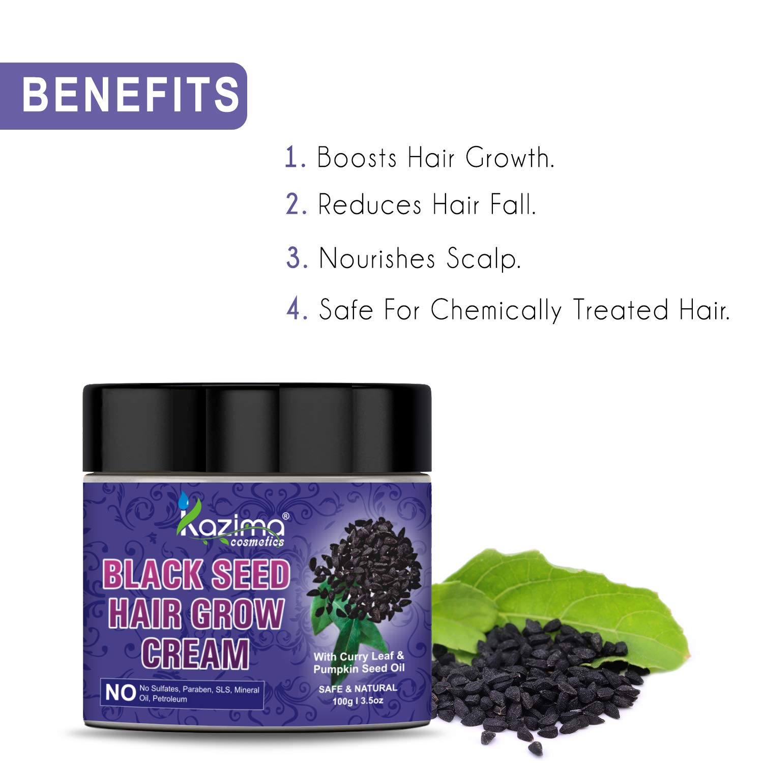 KAZIMA Black Seed Hair Growth Cream with Curry Leaf & Spikenard Oil - 100g | Natural Hair Loss Treatment for Men & Women | Promotes Thicker, Healthier Hair | Perfect for Daily Scalp Care & Styling Routine