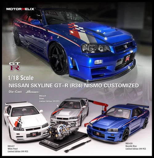 MotorHelix 1:18 Scale Nissan Skyline GT-R R34 NISMO Custom Diecast Model Car - White - Collectible Display & Racing Enthusiast Gift