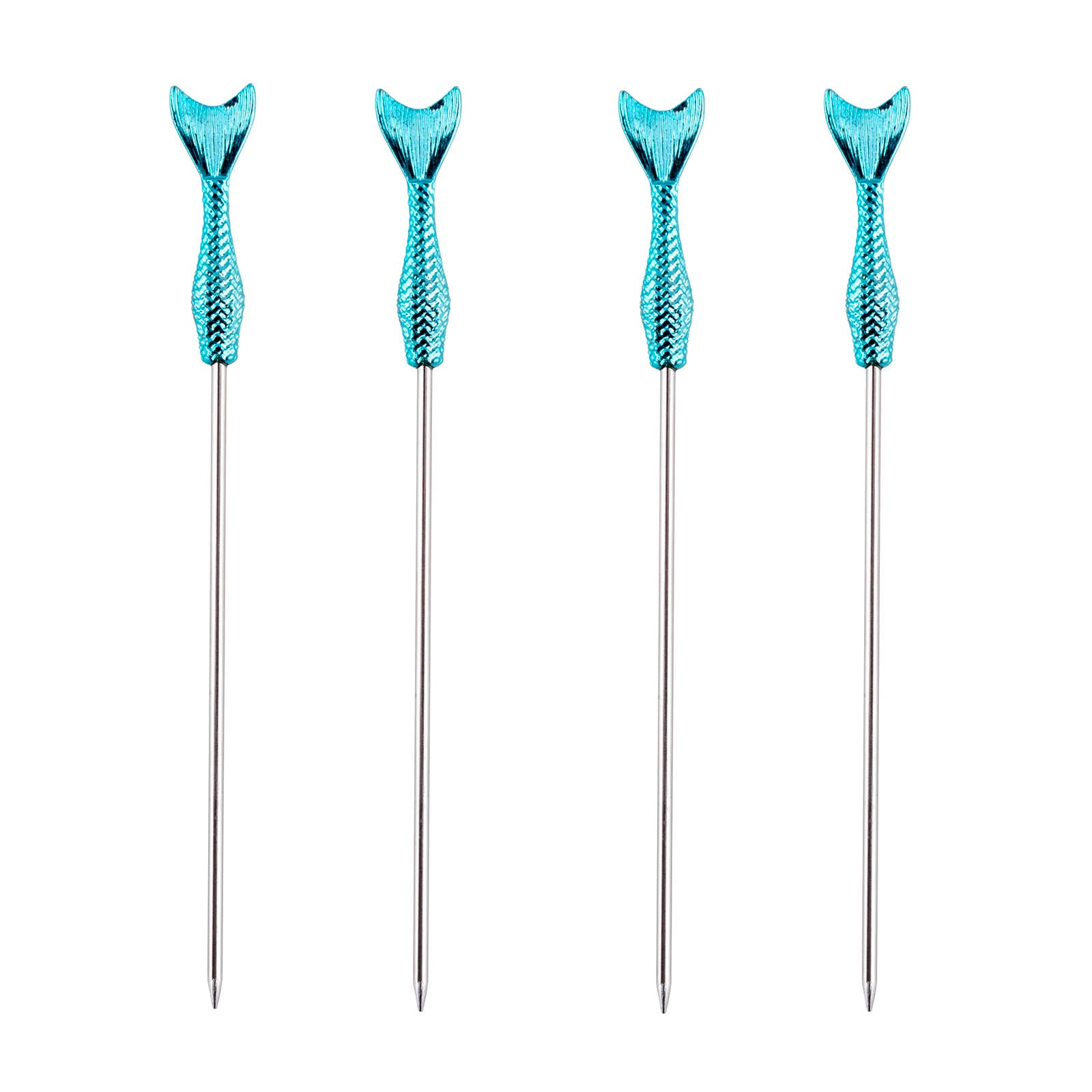 BarConic® Mermaid Tail Cocktail Picks - Set of 4 Stainless Steel Drink Garnish Skewers for Margaritas, Martinis & Party Decor - Perfect for Themed Cocktails, Beach Parties & Home Bar Accessories
