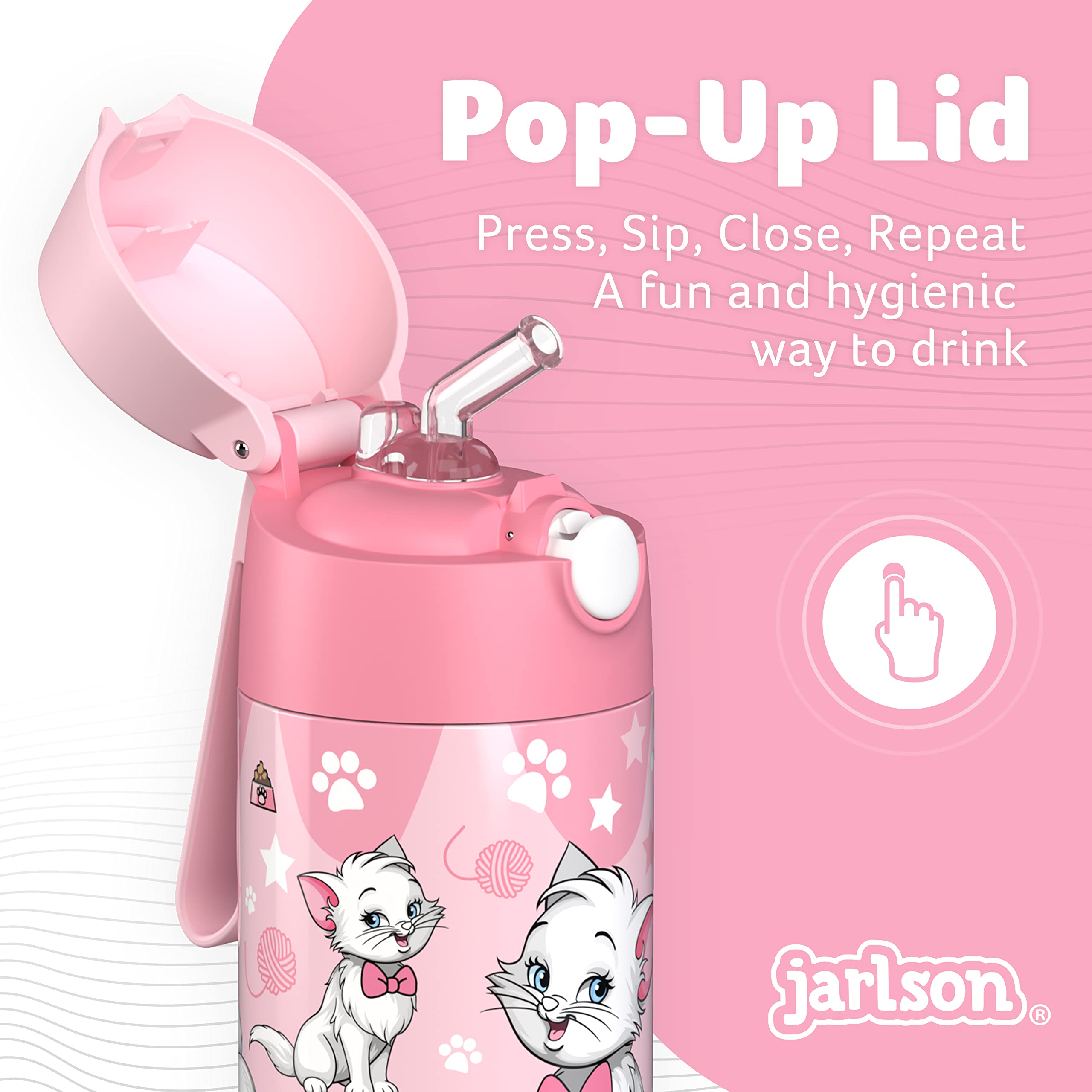CHARLI Kids Insulated Stainless Steel Water Bottle with Straw - 12oz Leakproof Thermos for Boys & Girls - Cat 'Star' Design - Perfect for School, Sports & Outdoor Activities