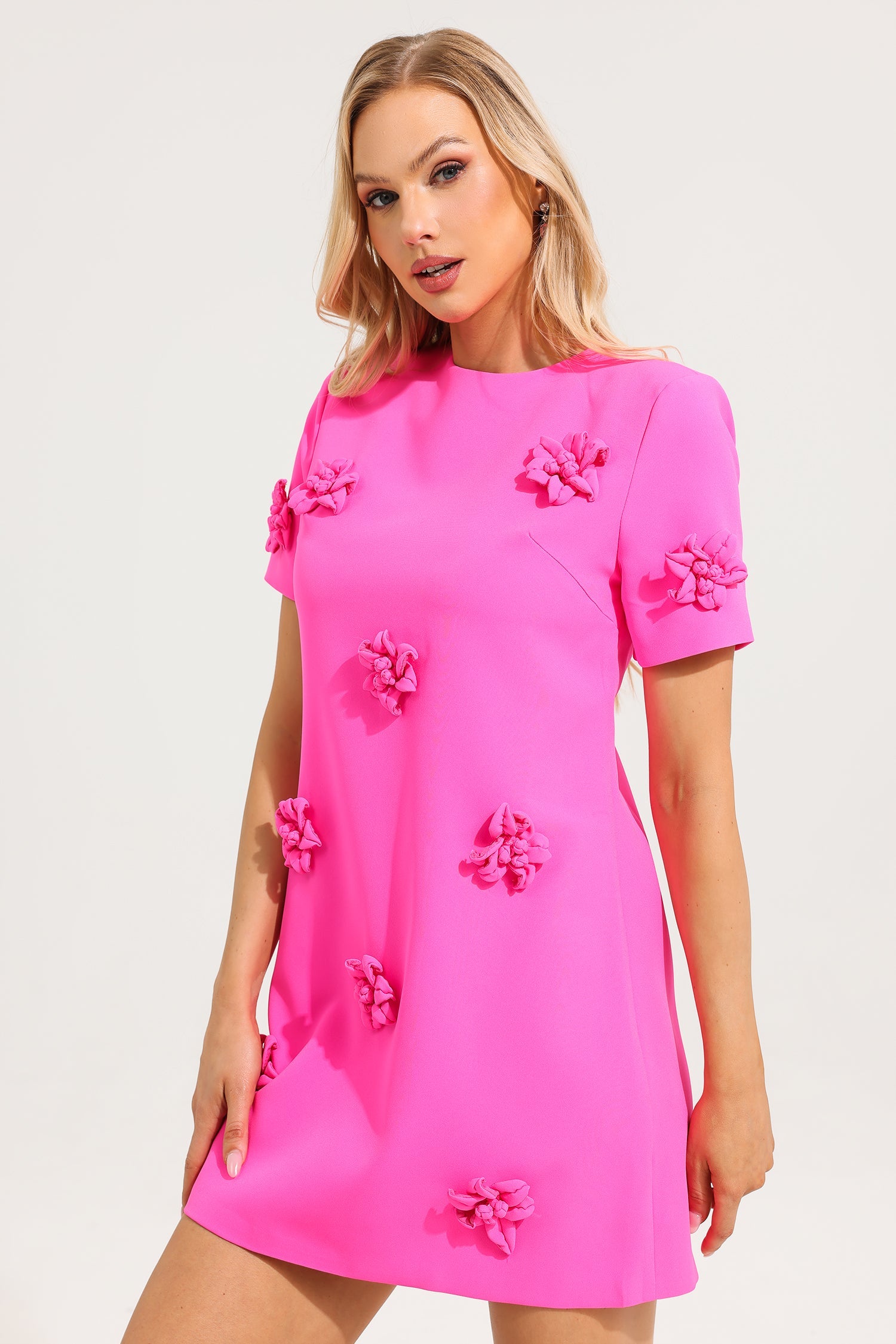 3D Floral Short Sleeve Mini Dress - Women's Summer Party Cocktail Dress for Beach Vacation & Date Night