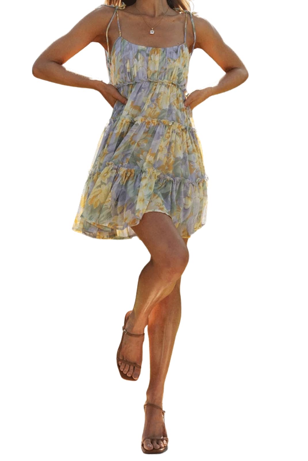 CHARTOU Women's Floral Print Square Neck Spaghetti Strap Mini Dress - Sleeveless Backless Summer Ruffle Dress for Beach, Party & Date Night