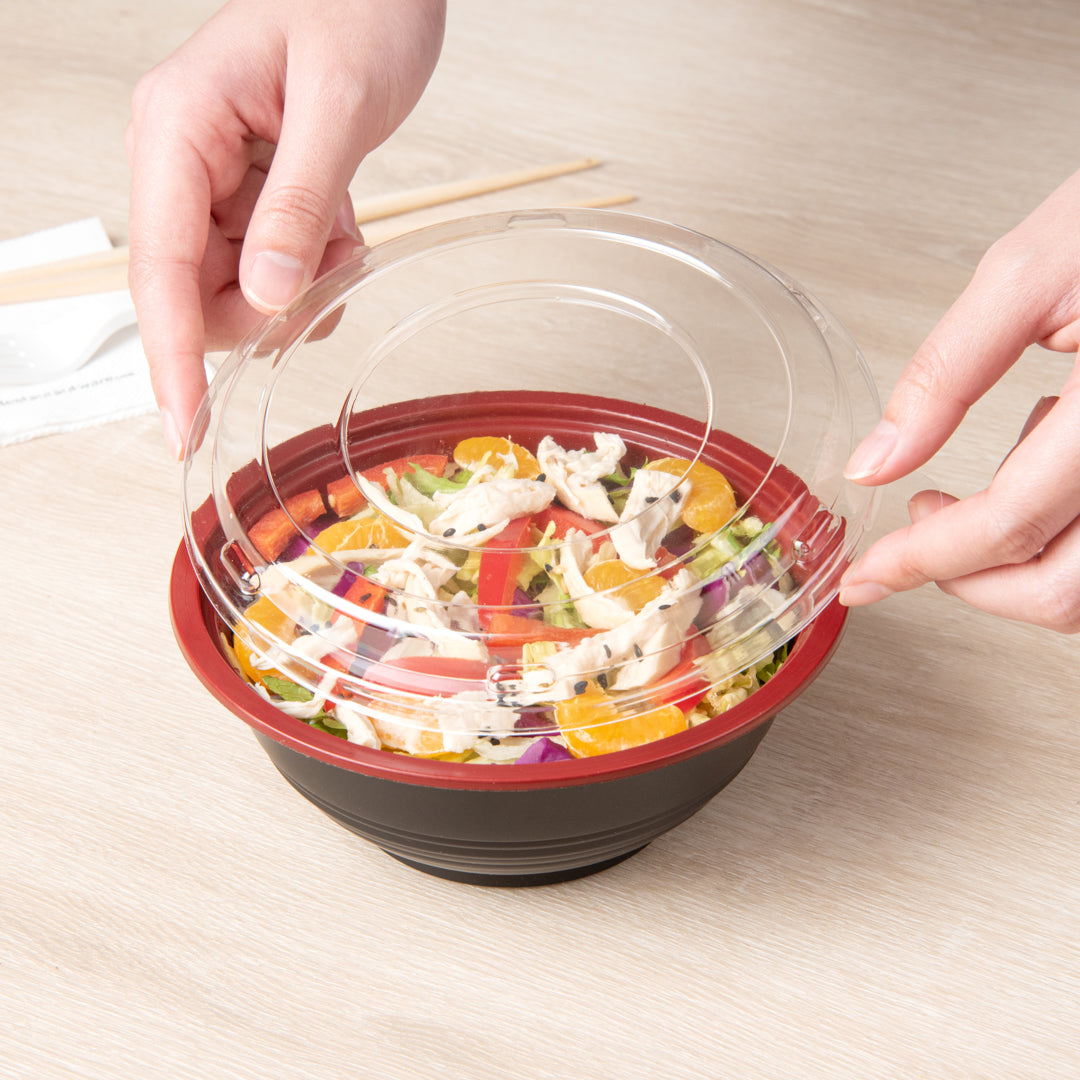 18 oz Round Black and Red Plastic Panda Bowl with Clear Lid - Microwave Safe, BPA-Free - 6 x 6 x 2.5 Inches - Bulk Pack of 200 - Perfect for Asian Restaurants, Takeout Meals, and Home Meal Prep