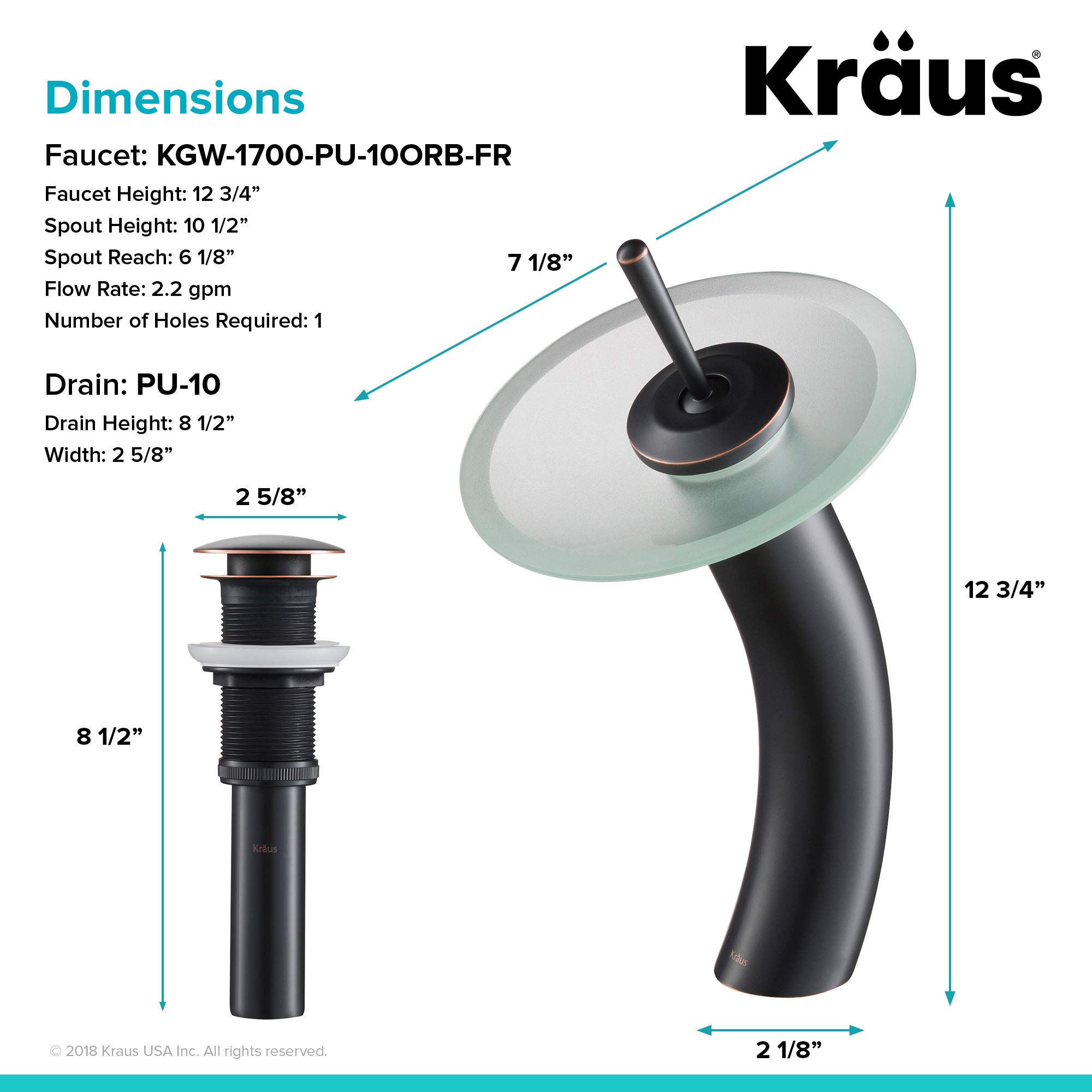 KRAUS Oil Rubbed Bronze Tall Waterfall Bathroom Faucet for Vessel Sink - Frosted Glass Disk & Pop-Up Drain, Model KGW-1700-PU-10ORB-FR | Modern Bathroom Upgrade for Spa-Like Luxury & Elegant Home Decor