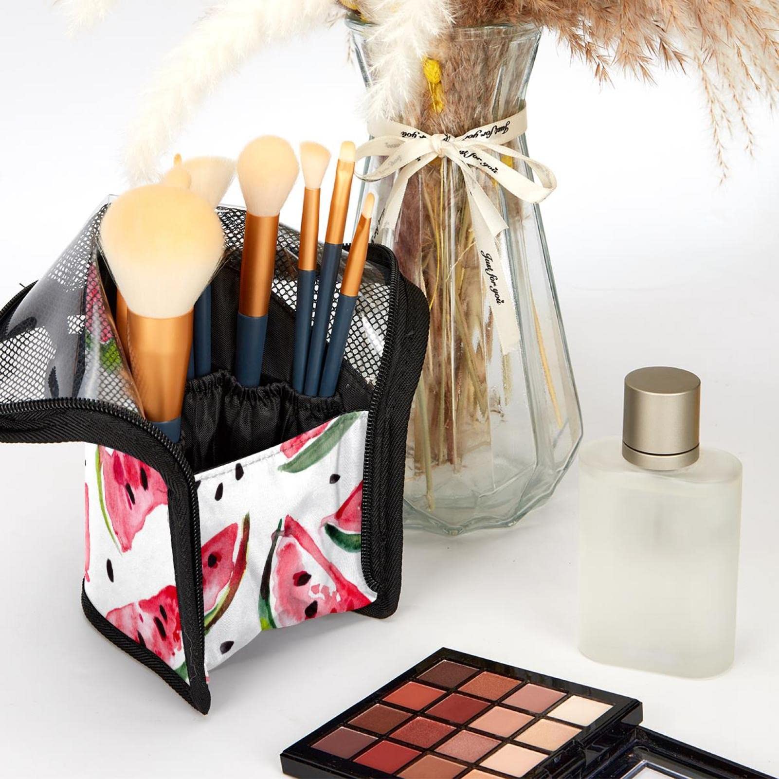 Watercolor Watermelon Makeup Brush Organizer Bag with 12 Brushes - Portable Cosmetic Brush Holder Case for Travel, Home & Professional Makeup Artist Kit