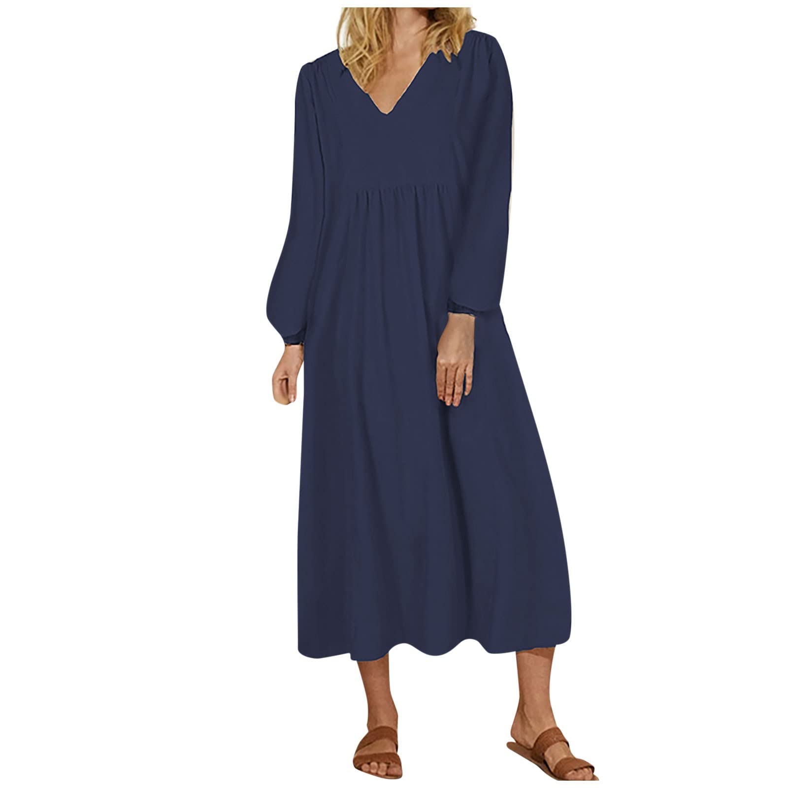 Women's Summer Cotton Linen Cocktail Dress - Loose Lantern Sleeves Long Sleeve Casual Maxi Dress for Party, Wedding & Outdoor Events