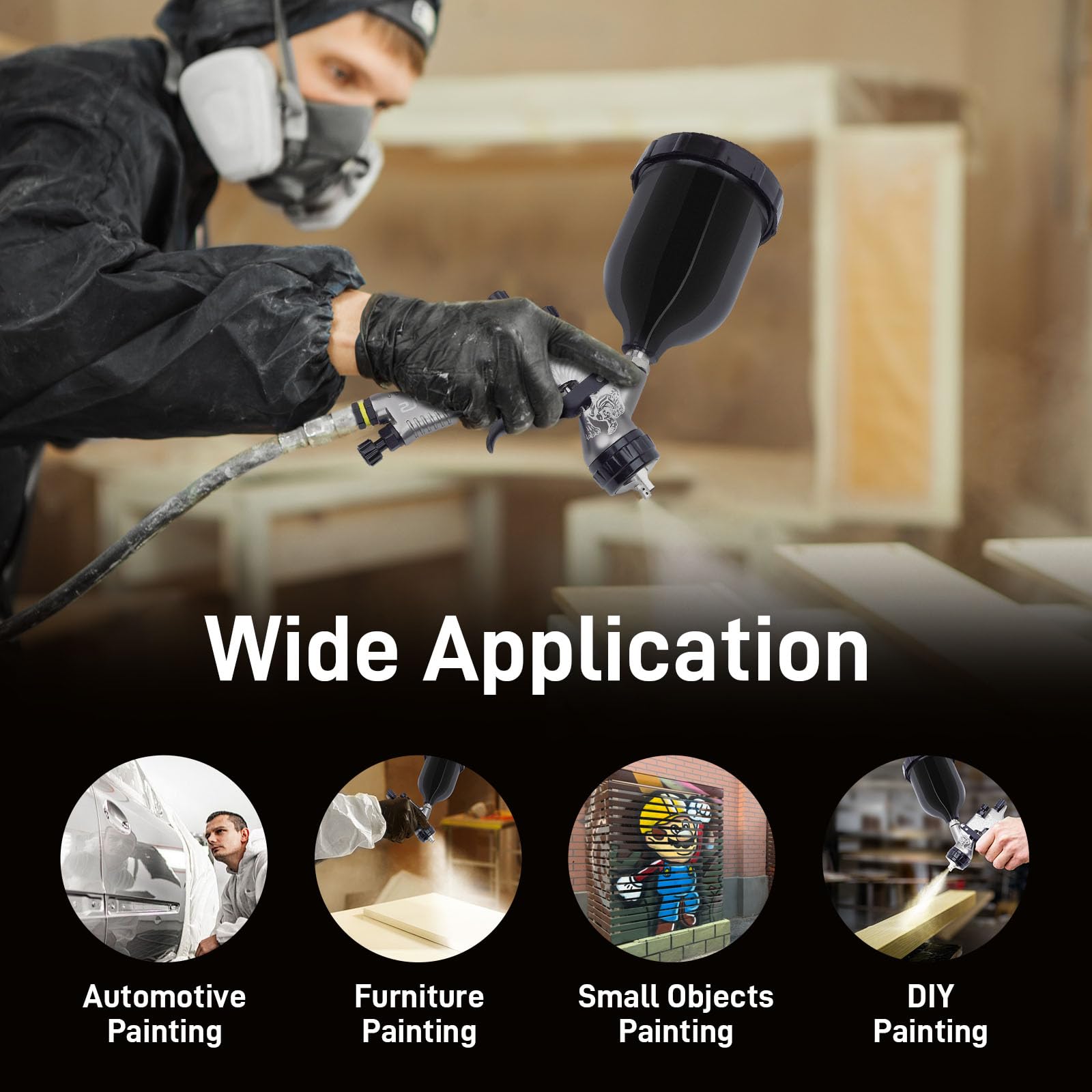 Professional HVLP Spray Gun with 1.3mm & 1.8mm Stainless Steel Nozzle - 600ml & 400ml Gravity Feed Paint Sprayer for Paint, Varnish, Wood Staining - Perfect for Automotive, Furniture & DIY Home Projects (Black)
