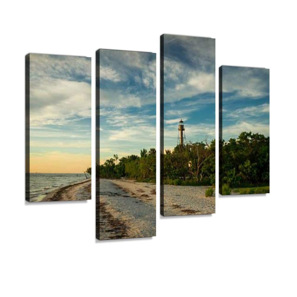 Sanibel Island Lighthouse Canvas Wall Art - Modern Framed Painting for Living Room, Bedroom & Office Decor - Ready to Hang 4-Panel Coastal Landscape Artwork - Perfect for Beach House, Nautical Theme & Home Staging