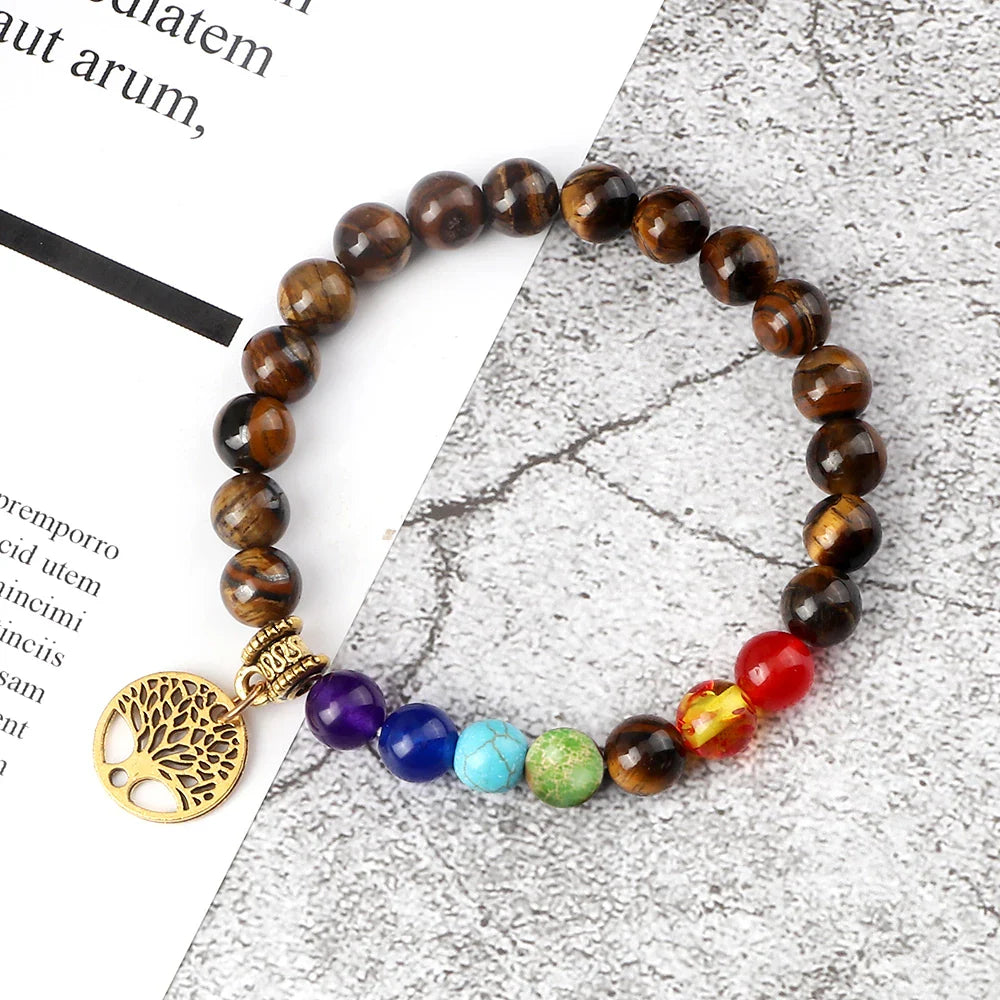 7 Chakra Protection Bracelet With Tiger Eye Stone - Spiritual Healing Energy Balance Bracelet for Meditation, Yoga & Positive Energy - Unisex Adjustable Crystal Jewelry Gift