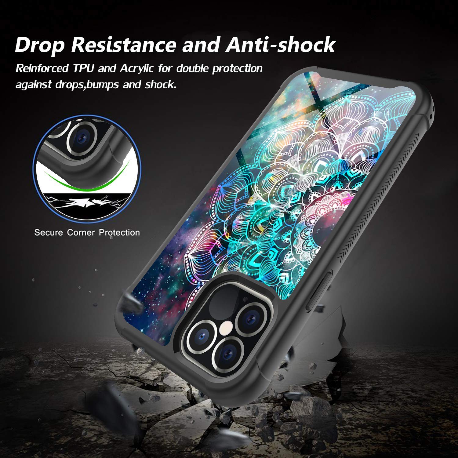 iPhone 12 Pro Max Case 6.7 Inch - Rosebono Hybrid IMD Design, Anti-Scratch Fashion Silicone Cover with Cute Galaxy Mandala Pattern - Perfect for Daily Protection & Style Enhancement