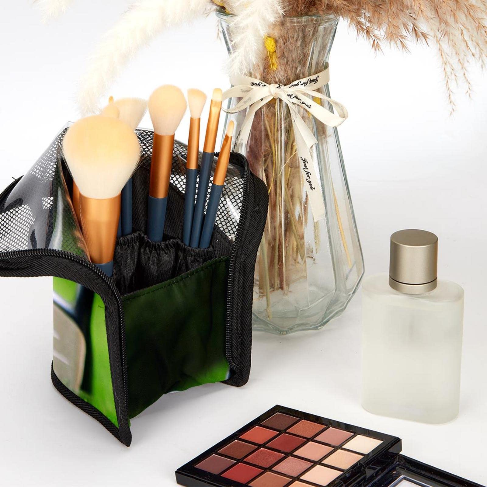 12-Piece Makeup Brush Organizer Bag with Portable Holder Case - Perfect for Travel, Gym & Golf Accessories Storage | Green Grass Design