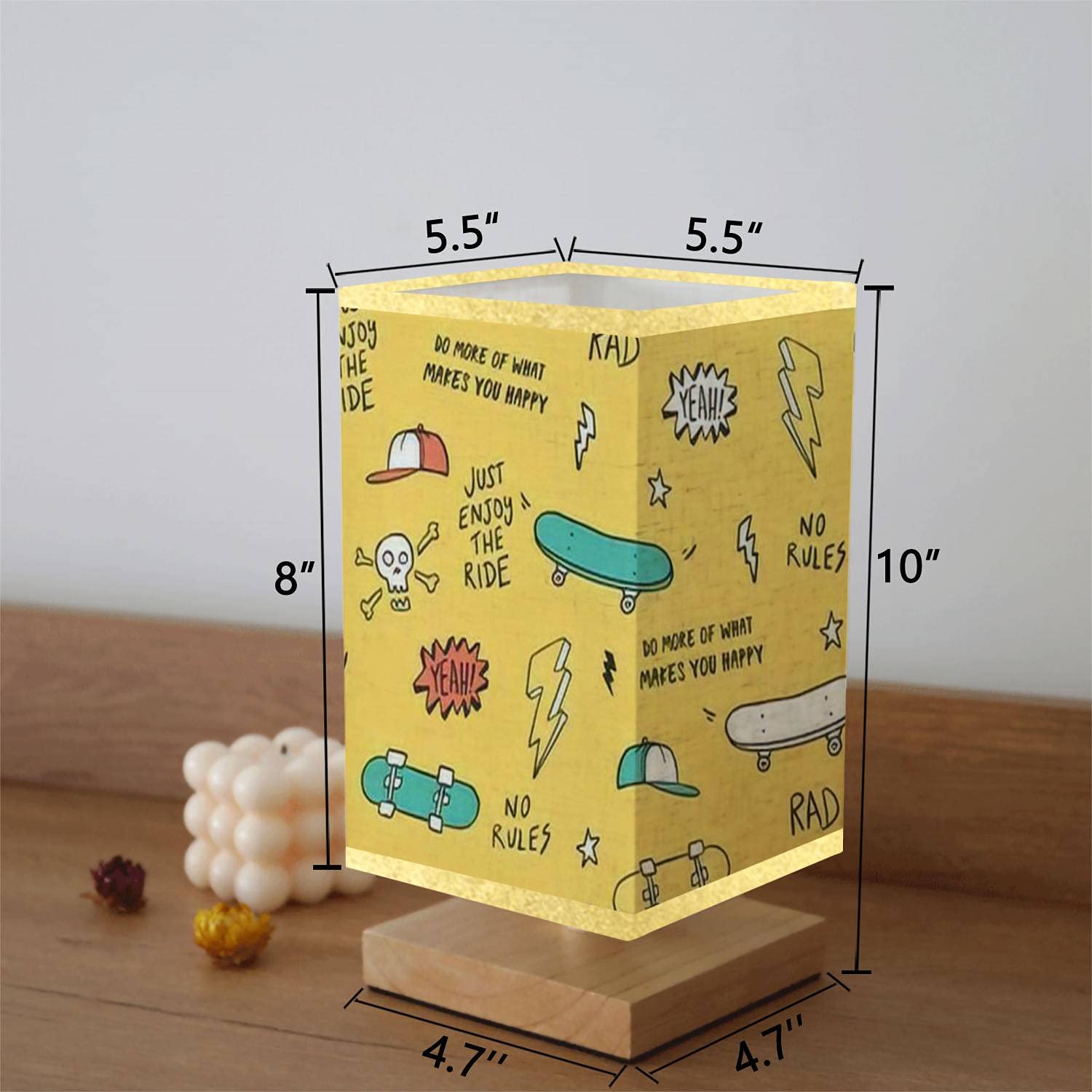 Hand-Painted Skateboard Design Dimmable Nightstand Lamp - Wooden Base with Flaxen Fabric Shade for Bedroom & Living Room | Perfect for Skate Enthusiasts' Home Decor