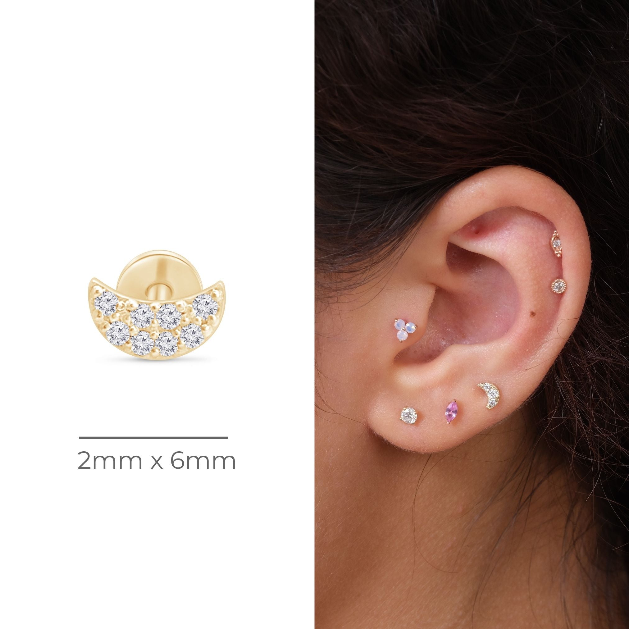 14K Yellow Gold Diamond Pavé Crescent Moon Flat Back Stud Earrings for Women - Perfect for Everyday Wear, Gifts & Special Occasions