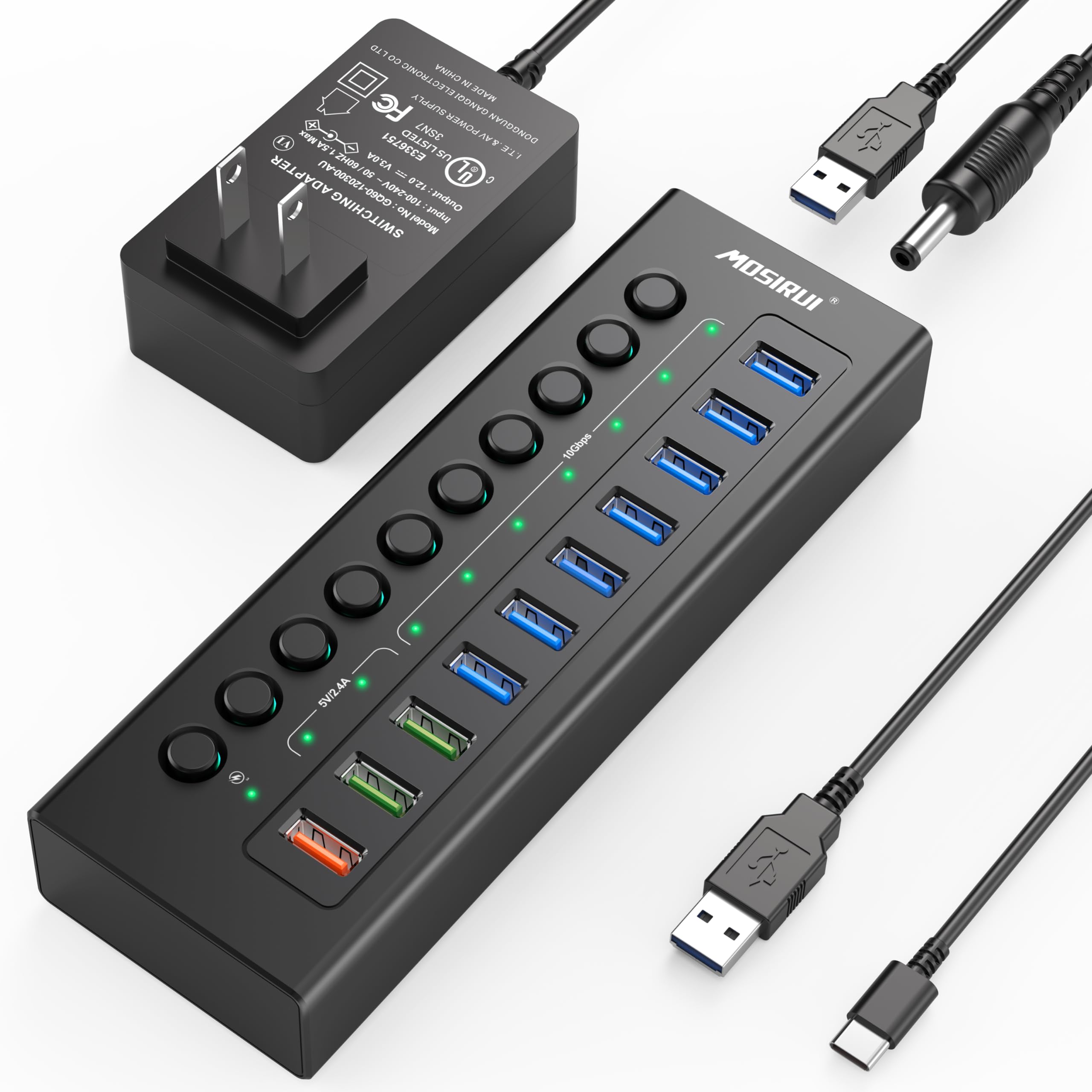 10-Port USB 3.2 Hub with Fast Charging - 10Gbps Data Transfer for PC & Laptop - Home & Office Use
