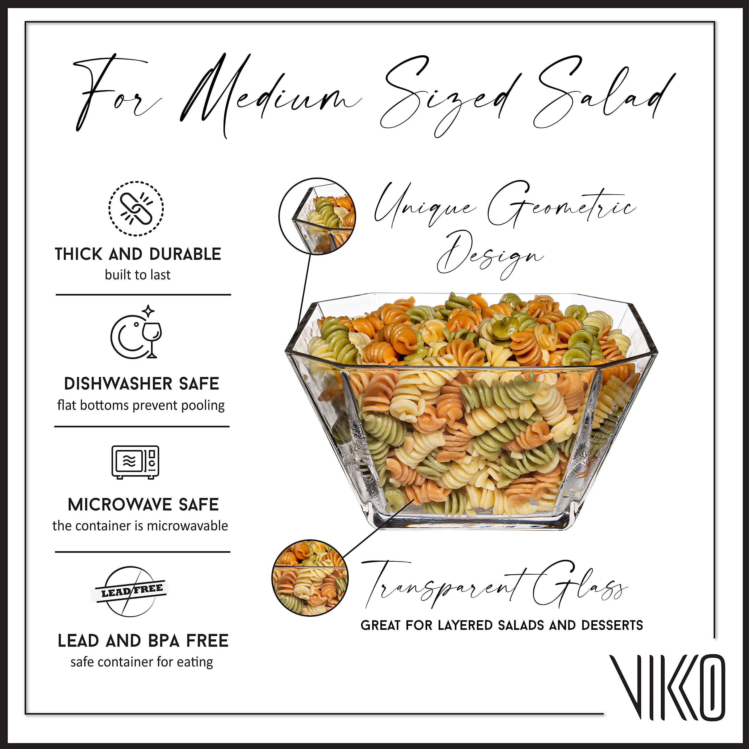Vikko Glass Salad Bowls - 64oz Thick Square Clear Glass Serving Bowls for Snacks, Fruits, Salads & Entertaining - 2 Quart Decorative Bowl for Kitchen, Dining Table & Party Serving (Set of 2)