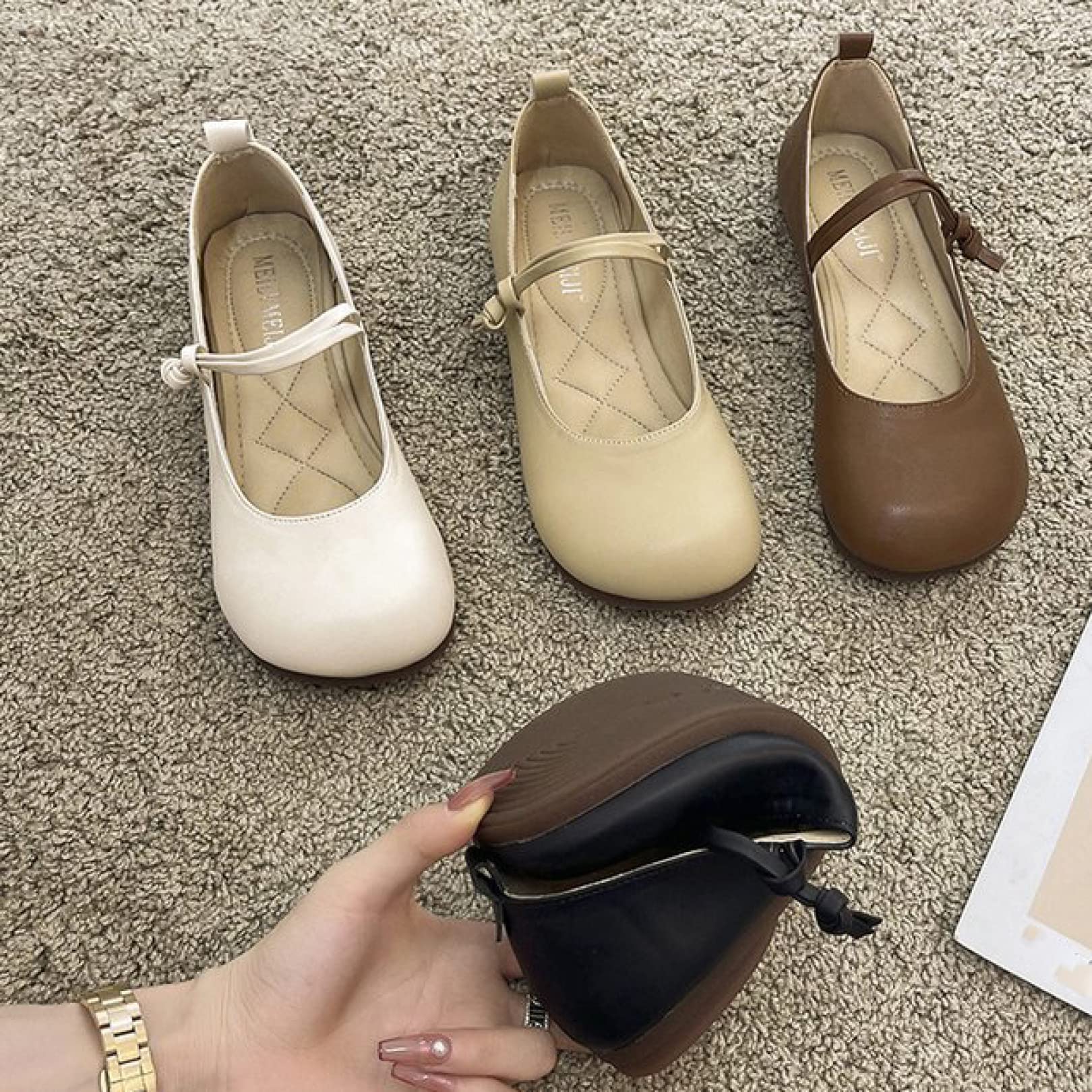 Women's Wide Width Square Toe Flats - Lightweight Mary Janes with Flexible Double Strap - Faux Leather Walking Shoes for Work, Travel & Casual Wear
