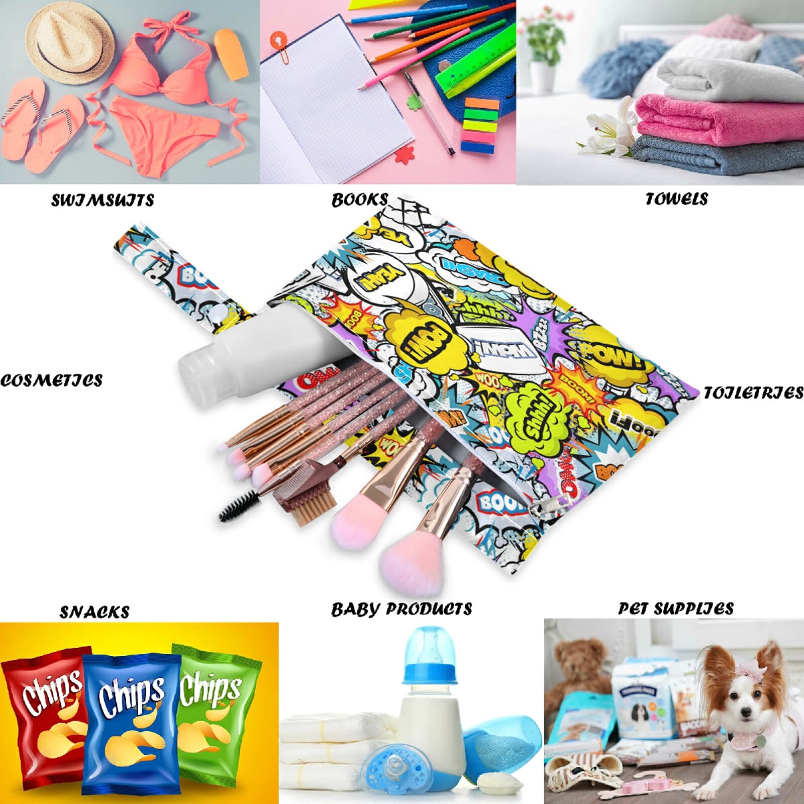 Visesunny 2-Pack Waterproof Wet Bags with Zipper Pockets - Colorful Speech Bubble & Cloud Design - Reusable, Washable, Roomy Storage for Swimsuits, Gym Clothes, Diapers - Perfect for Travel, Beach, Pool, Daycare & Stroller Use