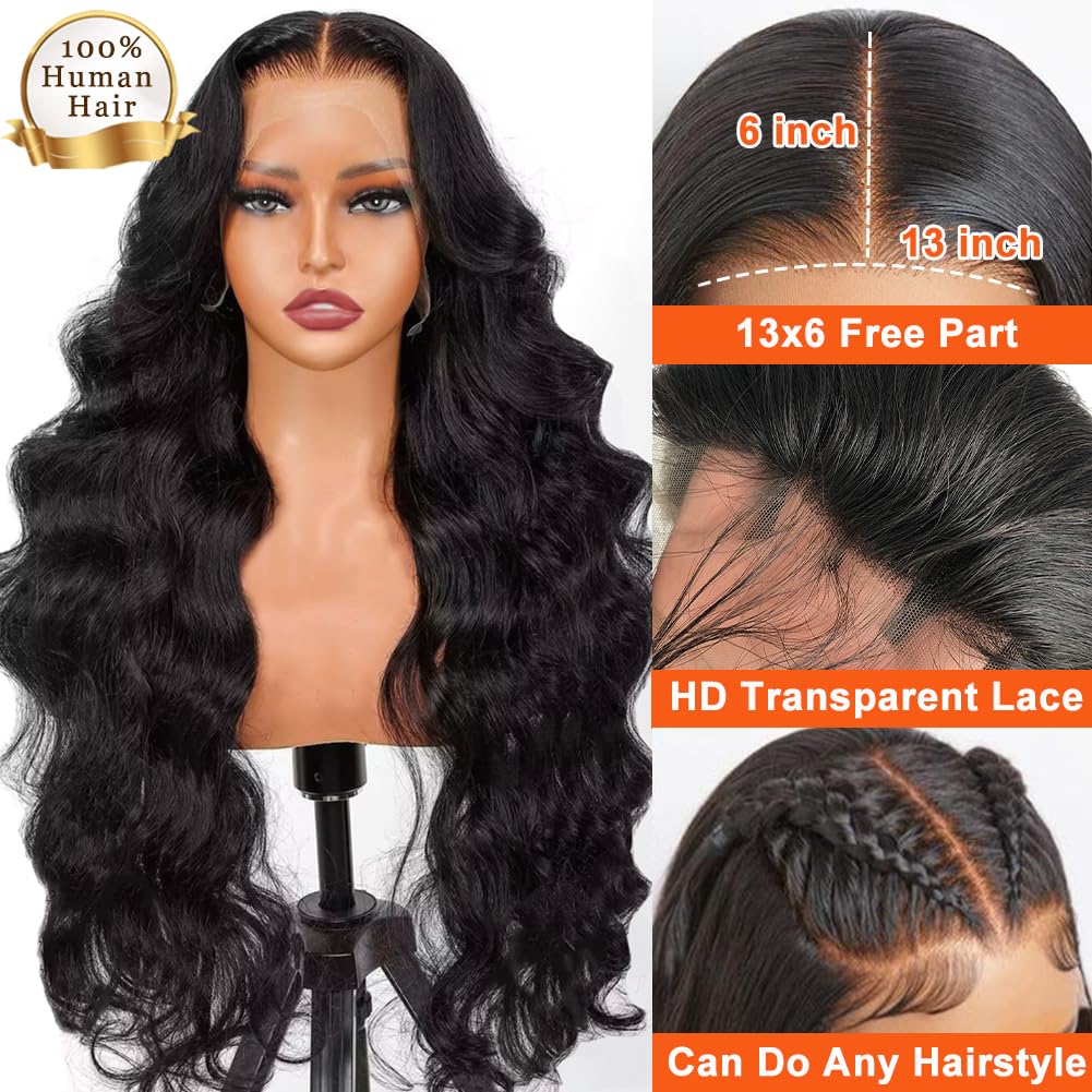 13x6 HD Lace Front Wig 250% Density Human Hair - Body Wave Glueless Wig with Pre-Plucked Hairline & Baby Hair for Black Women | Perfect for Daily Wear, Parties & Special Occasions (28 Inch)
