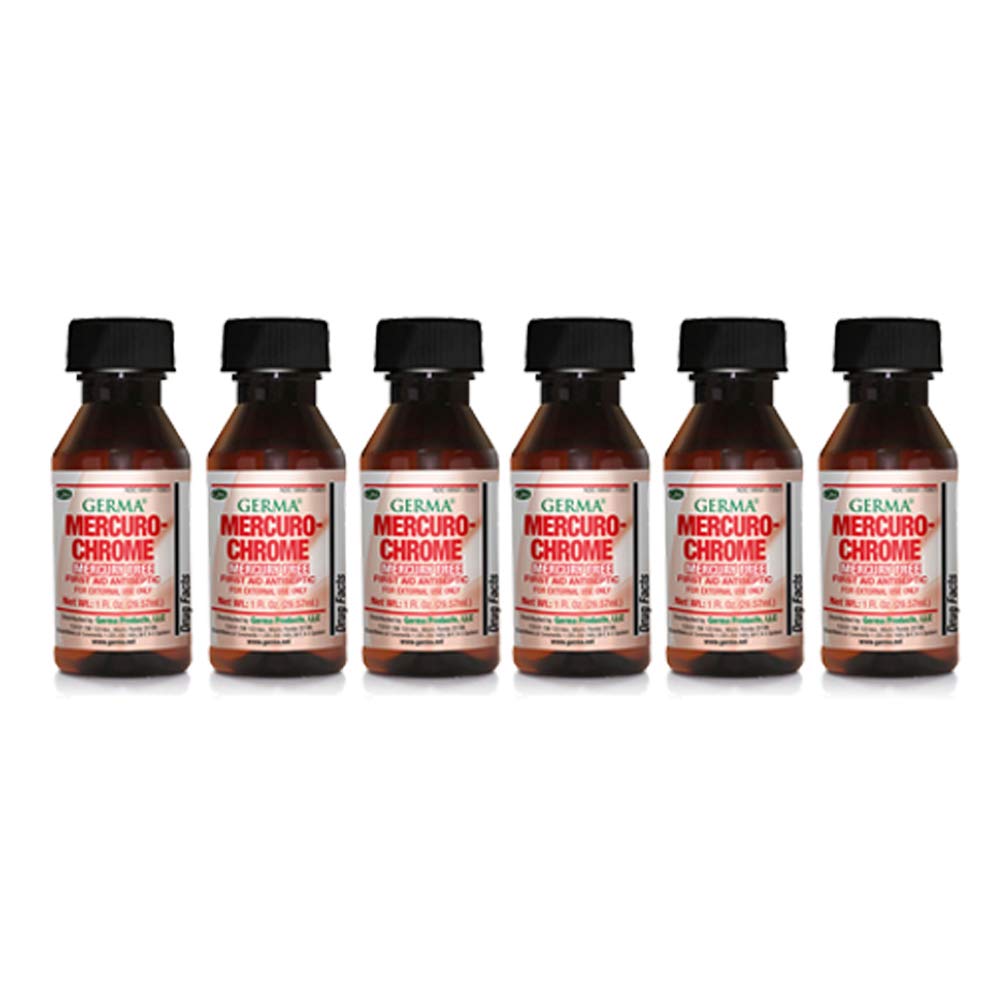 Germa Mercuro-Chrome Mercury-Free First Aid Antiseptic Solution - 1 oz (Pack of 6) | Skin Infection Prevention for Cuts, Scrapes & Burns | Essential for Home, Travel & Emergency Kits