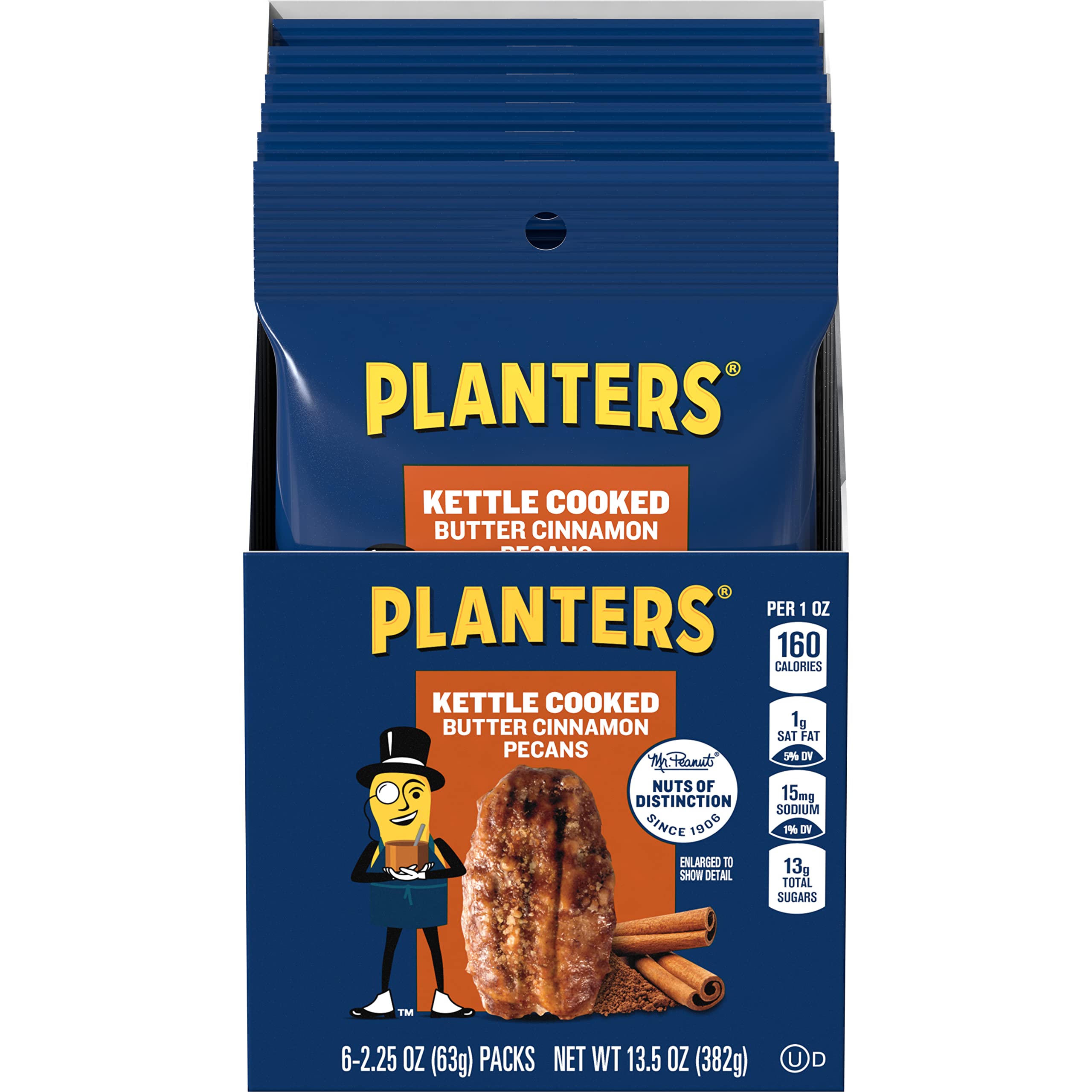 PLANTERS Kettle Cooked Butter Cinnamon Pecans 2.25 oz (6-Pack) | Crunchy Snack for Parties, Gifts & Healthy On-the-Go Treats