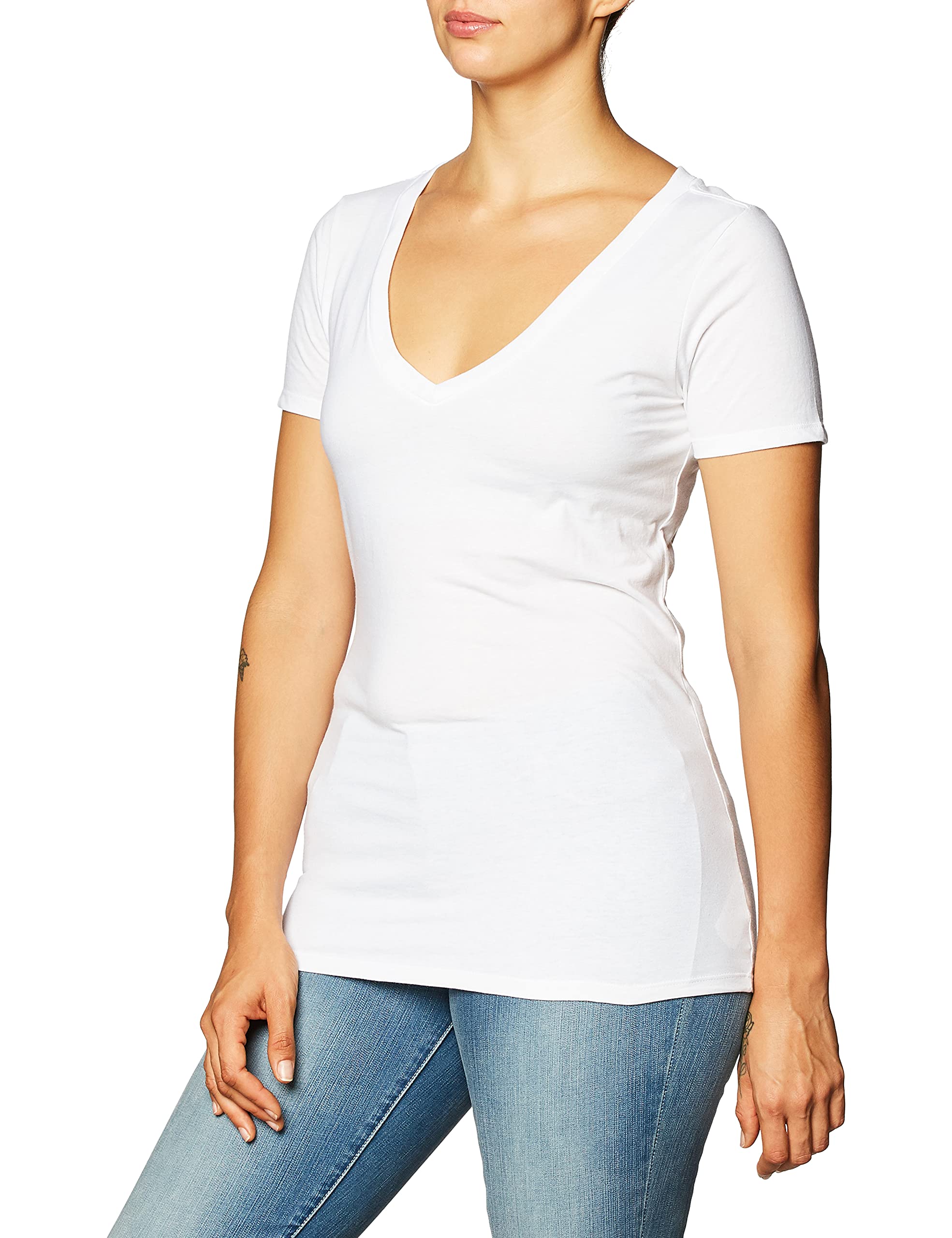 Clementine Apparel Women's Deep V Neck T-Shirt - Soft Cotton Casual Basic Tee, White, Small | Perfect for Everyday Wear, Layering & Office Outfits