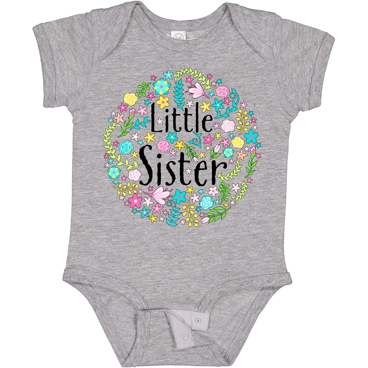 Inktastic Little Sister with Flower Circle Baby Bodysuit - Cute Floral Onesie for Newborn Girls, Soft Cotton Infant Bodysuit - Perfect for Family Photos, Baby Showers & Everyday Outfits