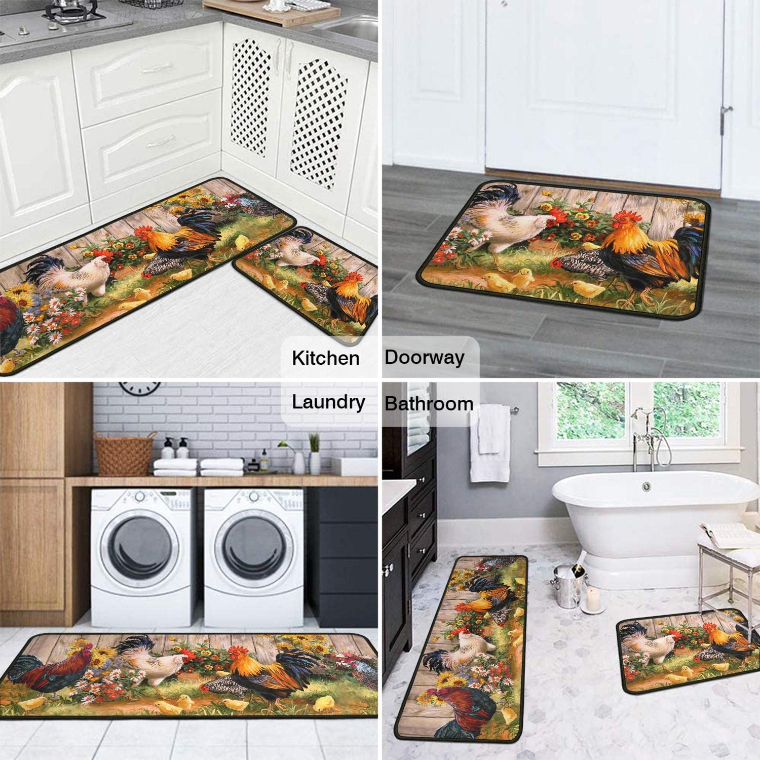 Rooster Theme Kitchen Rug 2-Piece Set - Farmhouse Decor Non-Slip Washable Floor Mats with Chicken & Sunflower Design (17