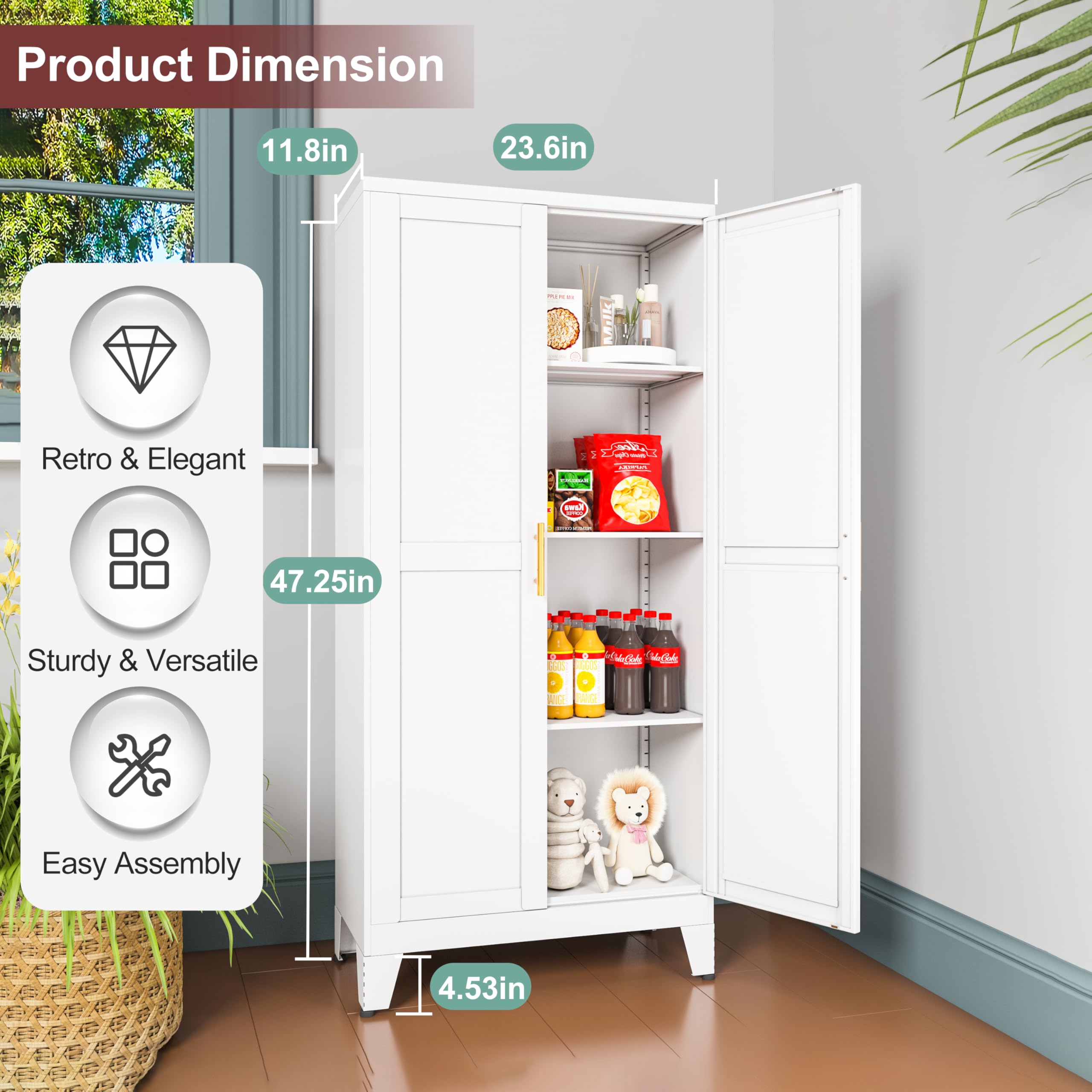 White Metal Pantry Cabinet with 2 Doors & Adjustable Shelves - Kitchen Storage Cabinet with Gold Handles for Laundry, Living Room, Bathroom & Dining Room - Perfect for Organizing Spices, Linens & Household Items