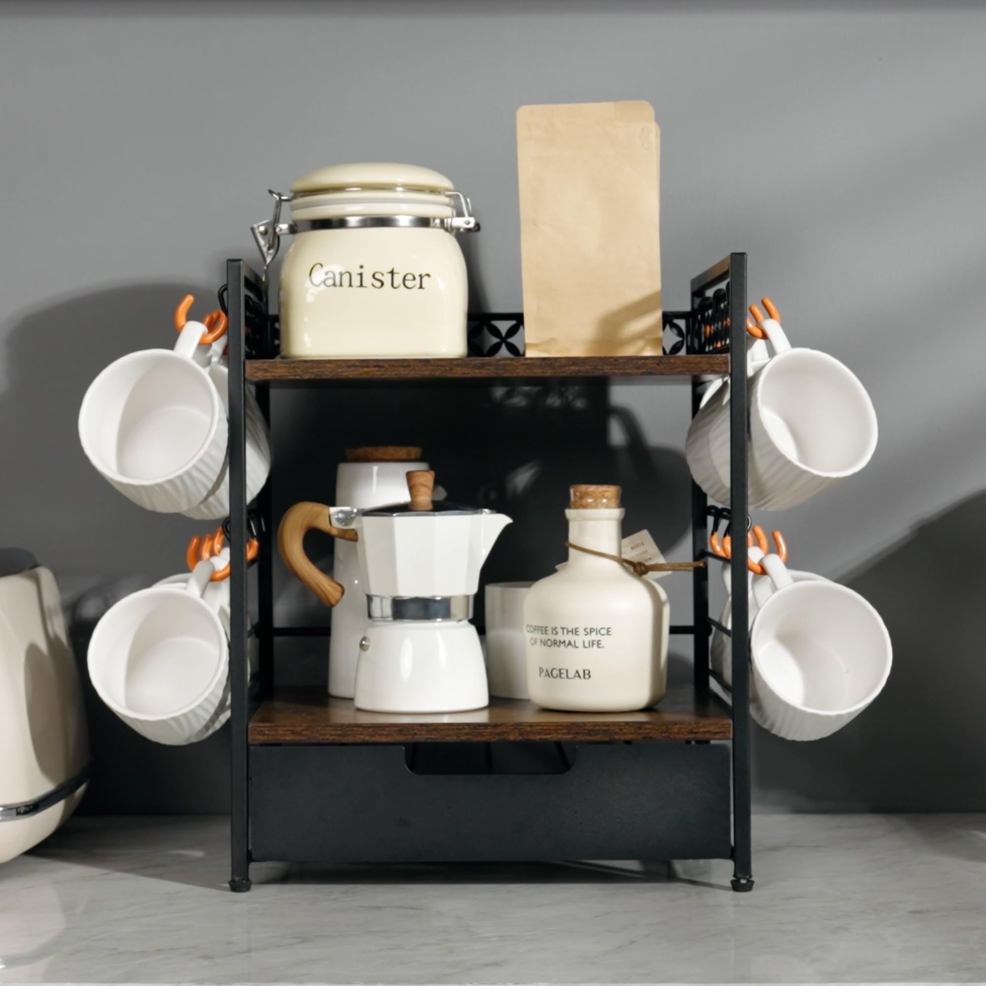 2-Tier Coffee Bar Organizer with 12 Hooks & 30 K-Cup Drawer - Multifunctional Mug Rack & Countertop Shelf for Kitchen Accessories - Perfect for Coffee Stations, Office Break Rooms & Small Space Organization