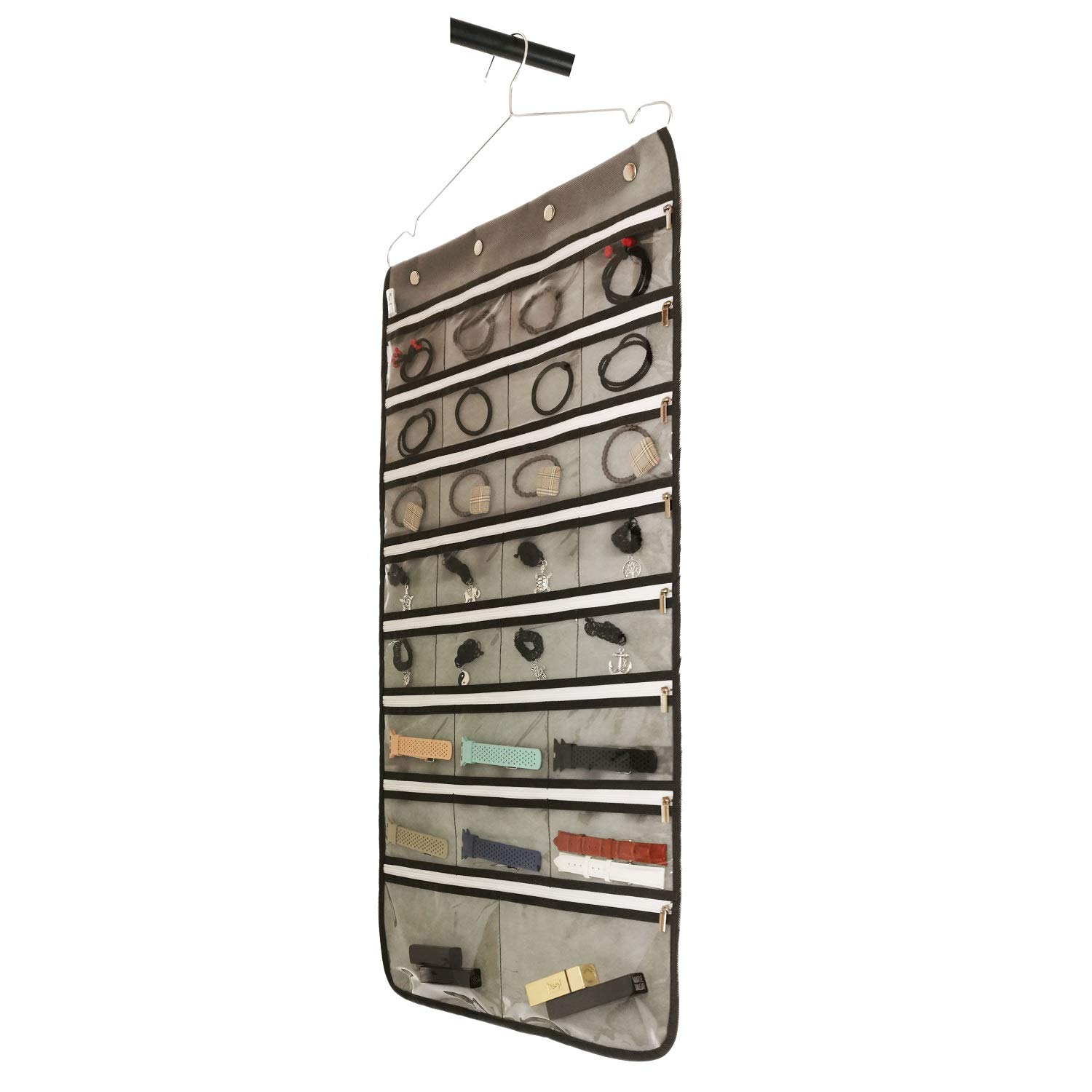 Dual-Sided Zippered Jewelry Organizer with Hanger - 28 Clear Pockets & 20 Tape Loops - Perfect for Travel, Home & Closet Storage (Grey)