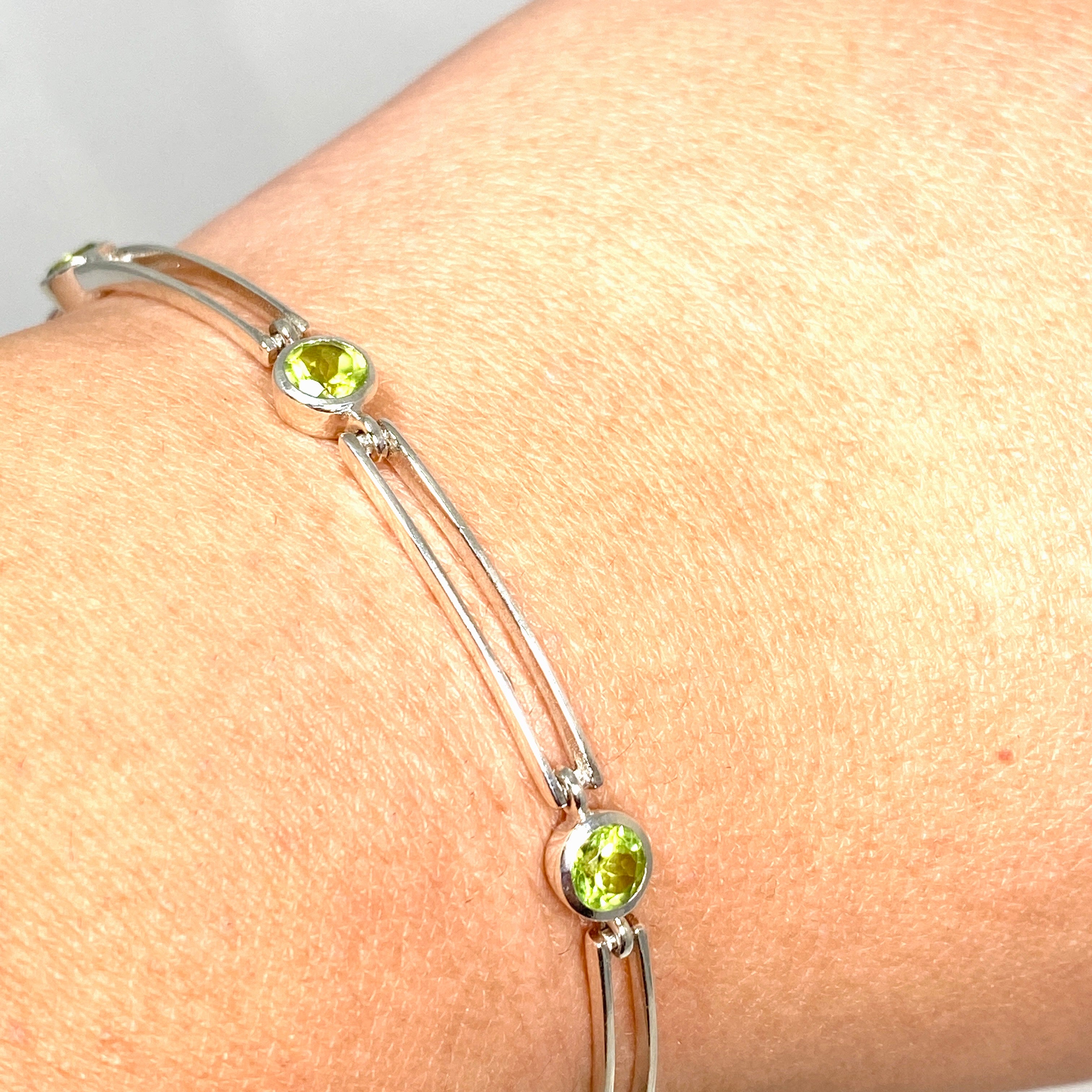 Peridot Round Faceted Gemstone Silver Split Spacer Bracelet for Women - Elegant Jewelry Gift for Birthday, Anniversary & Special Occasions
