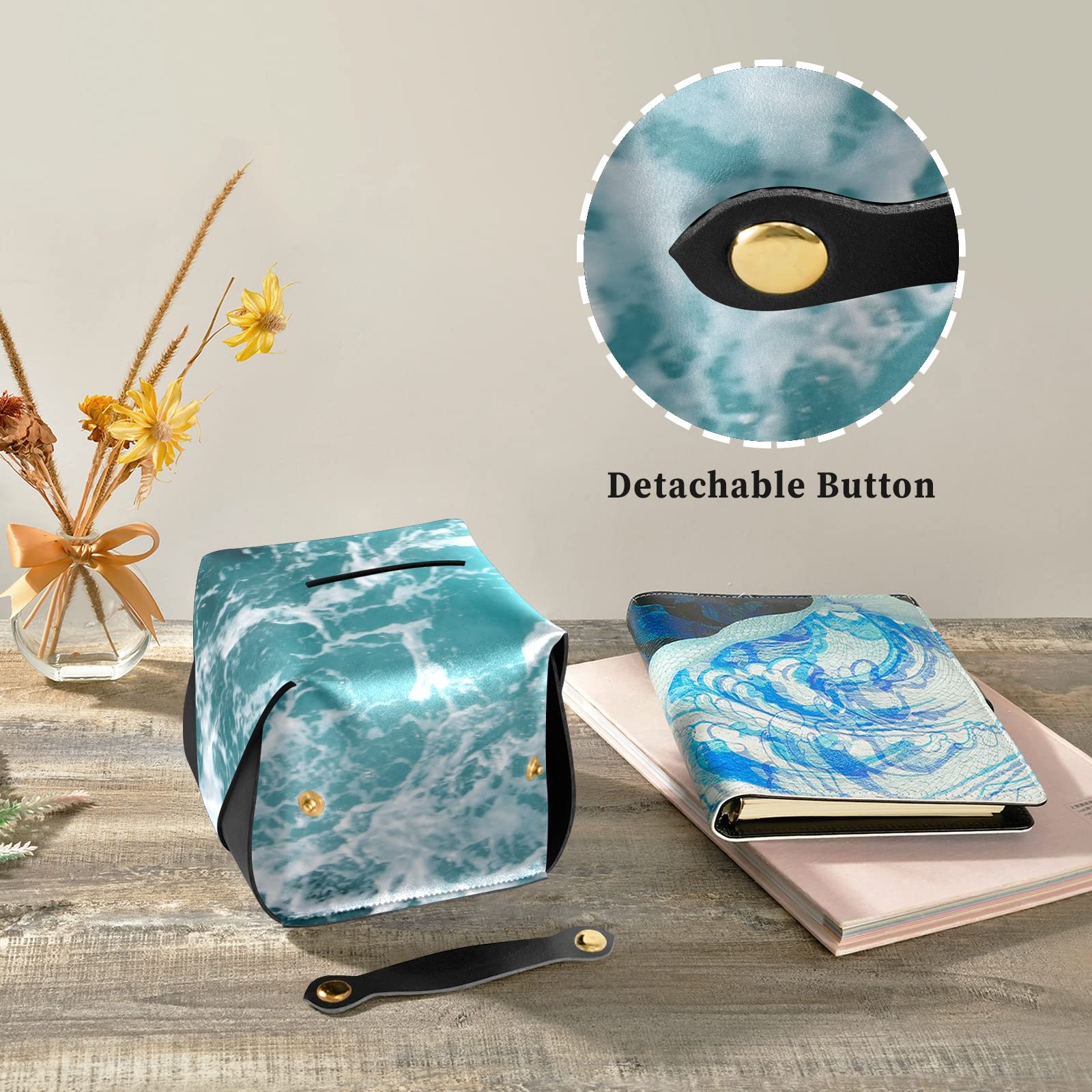 Turquoise Ocean Wavy Surface Leather Tissue Box Cover with Handle - 5.7x5.7x5.7 Inch Square Design for Bathroom, Home, Office & Car - Perfect for Nightstands, Vanity Countertops and Desks - Water Splash Close-Up Texture