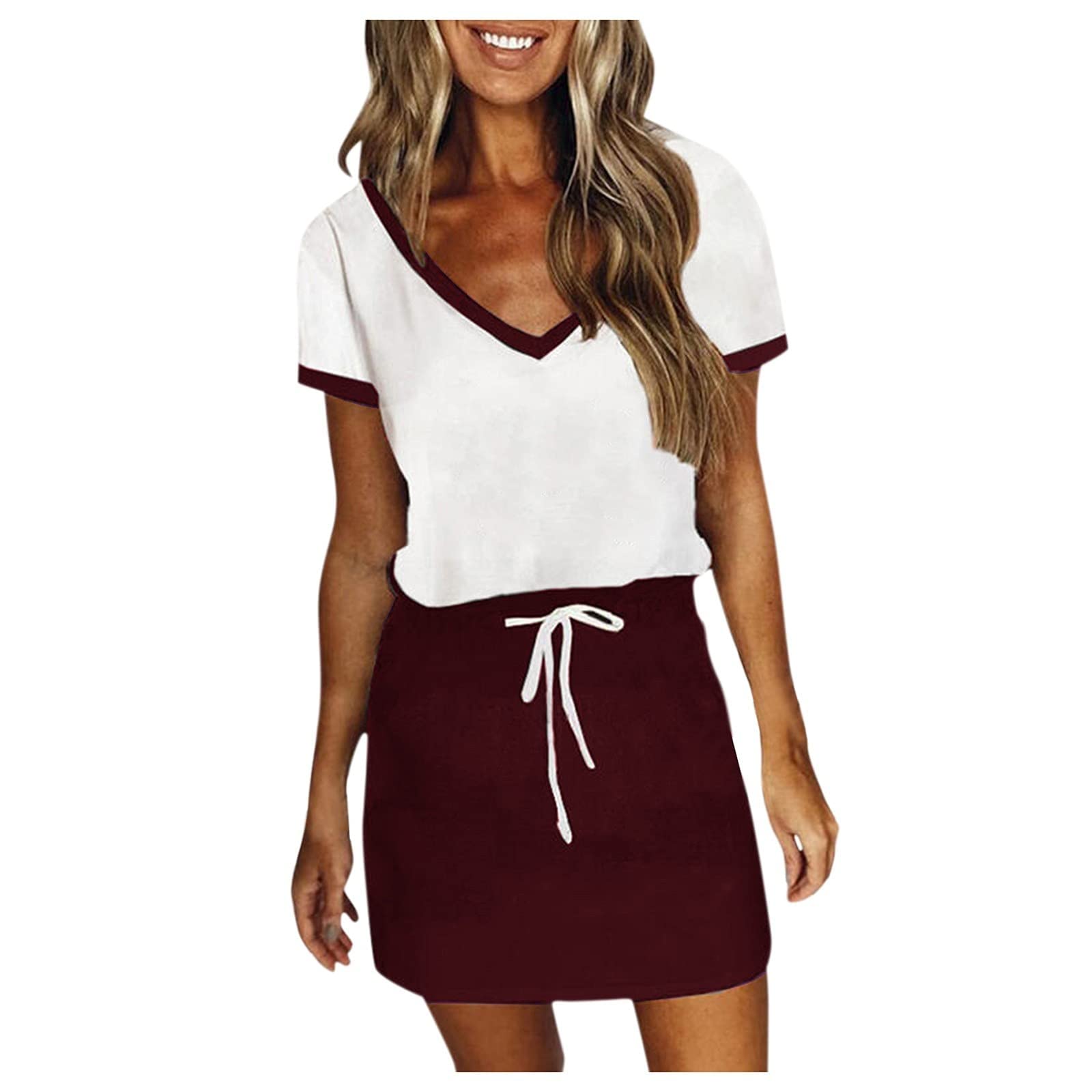 Women's Casual Summer Dress - Colorful Patchwork Short Sleeve Mini Dress with V-Neck & Drawstring | Perfect for Beach, Vacation & Everyday Wear