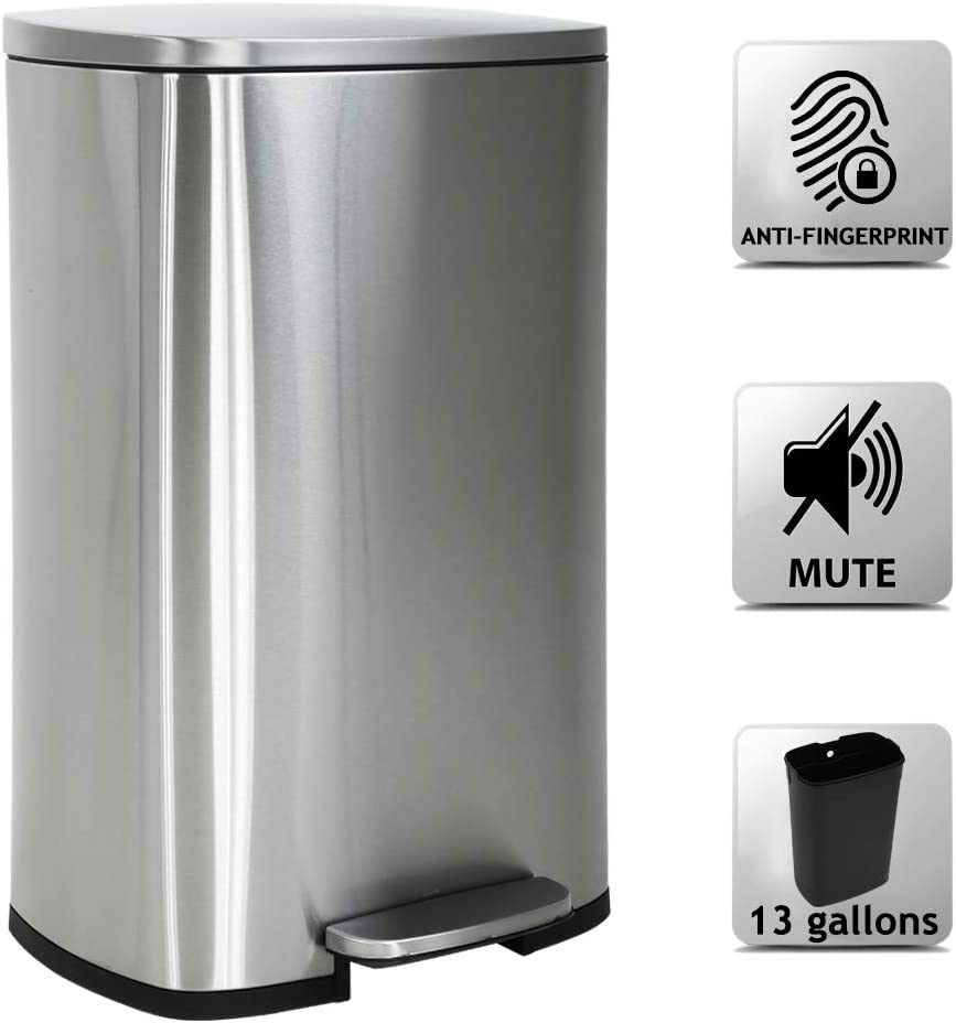 DKeli 13 Gallon Stainless Steel Step Trash Can with Soft-Close Lid & Removable Inner Bucket - 50L Kitchen Garbage Bin for Bathroom, Office & Home Use - Perfect for Waste Disposal in High-Traffic Areas (Silver)