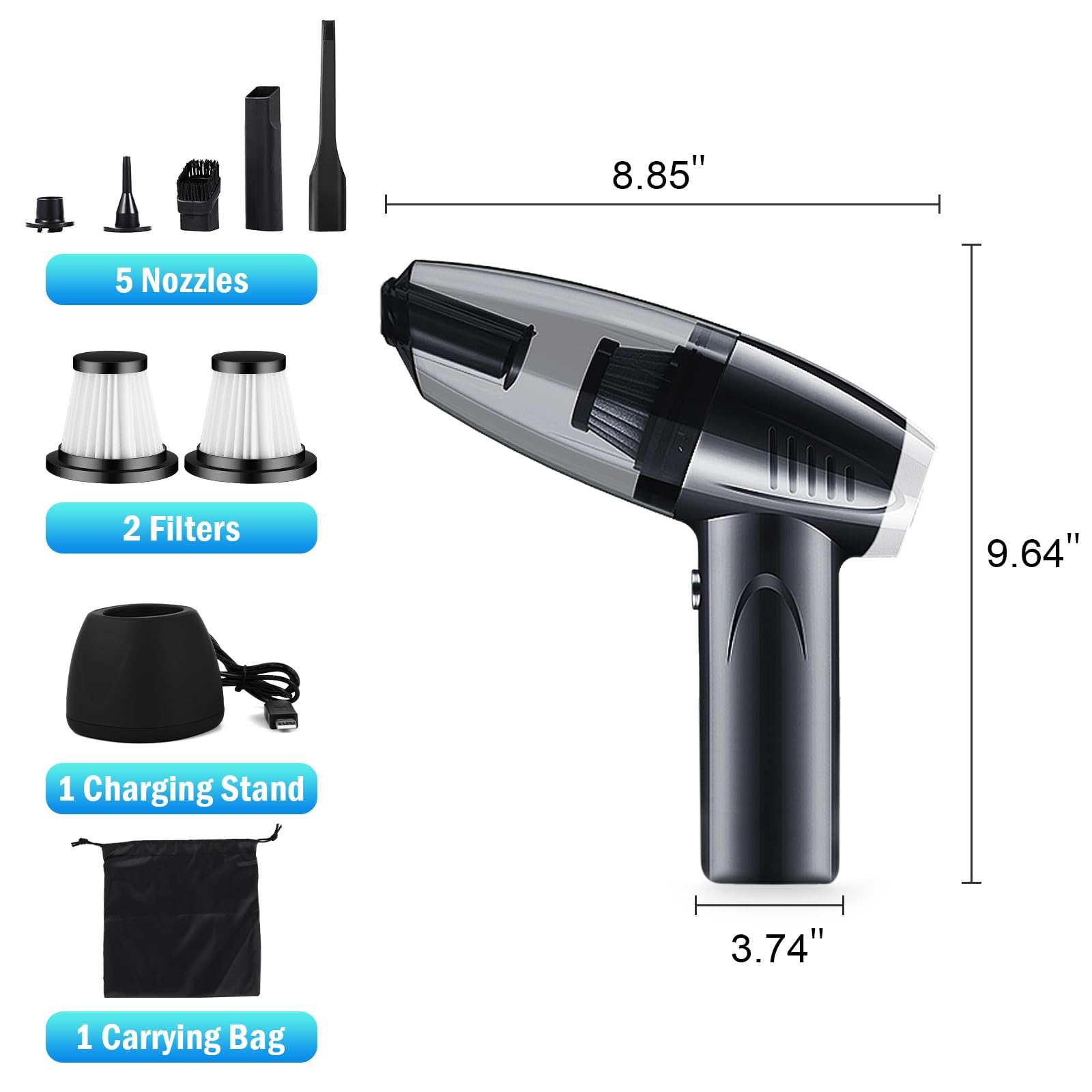 Howtine Cordless Vacuum Cleaner 9000Pa, Handheld USB Rechargeable for Home & Car Cleaning
