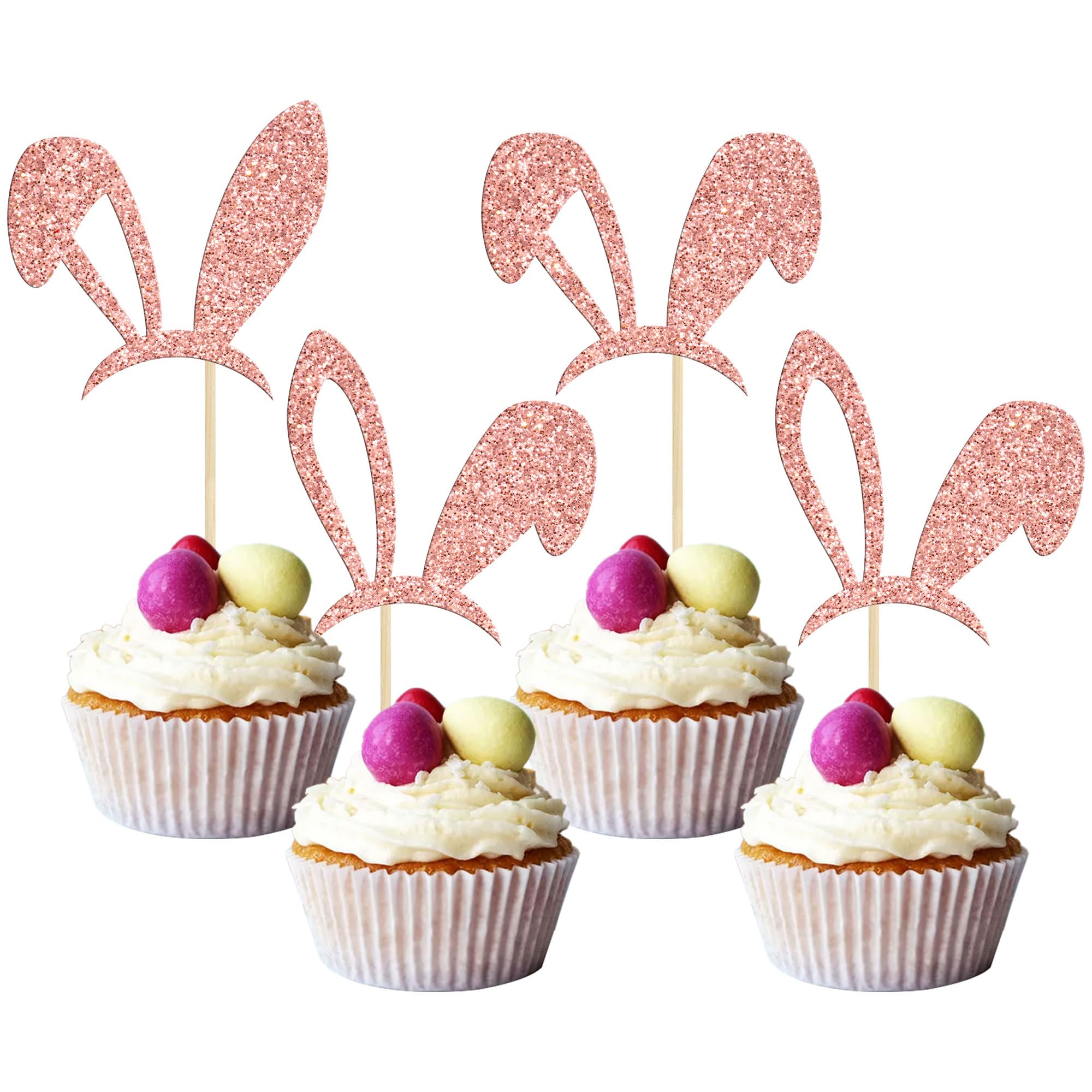 24Pcs Rose Gold Glitter Bunny Ear Cupcake Toppers - Easter Cake Decorations for Spring Birthday, Baby Shower & Bunny Theme Party Supplies | Perfect for Easter Desserts, Holiday Treats & Festive Celebrations