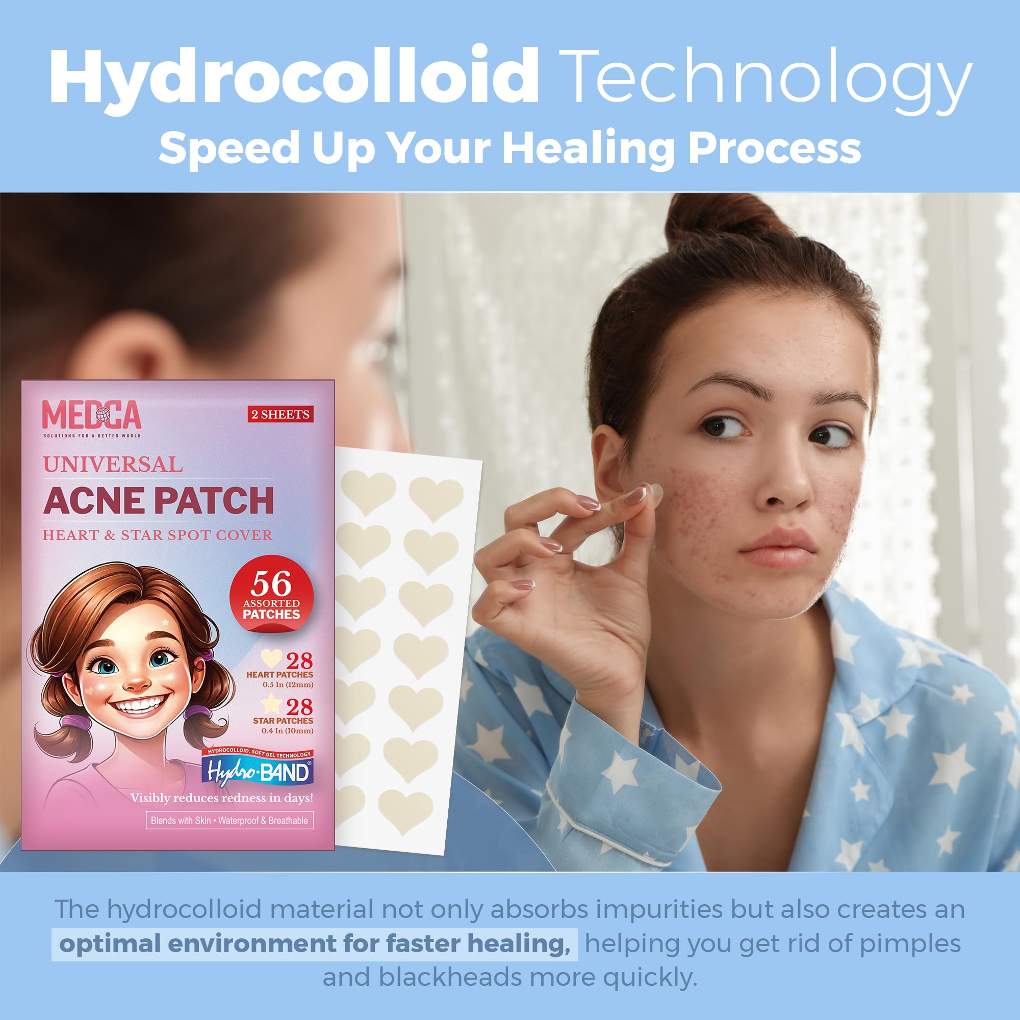 MEDca Acne Patches (56 Count) - Hydrocolloid Pimple Spot Treatment for Face, Absorbing Zit Cover Dots in Heart & Star Shapes | Perfect for Overnight Acne Treatment & Teen Skincare Care
