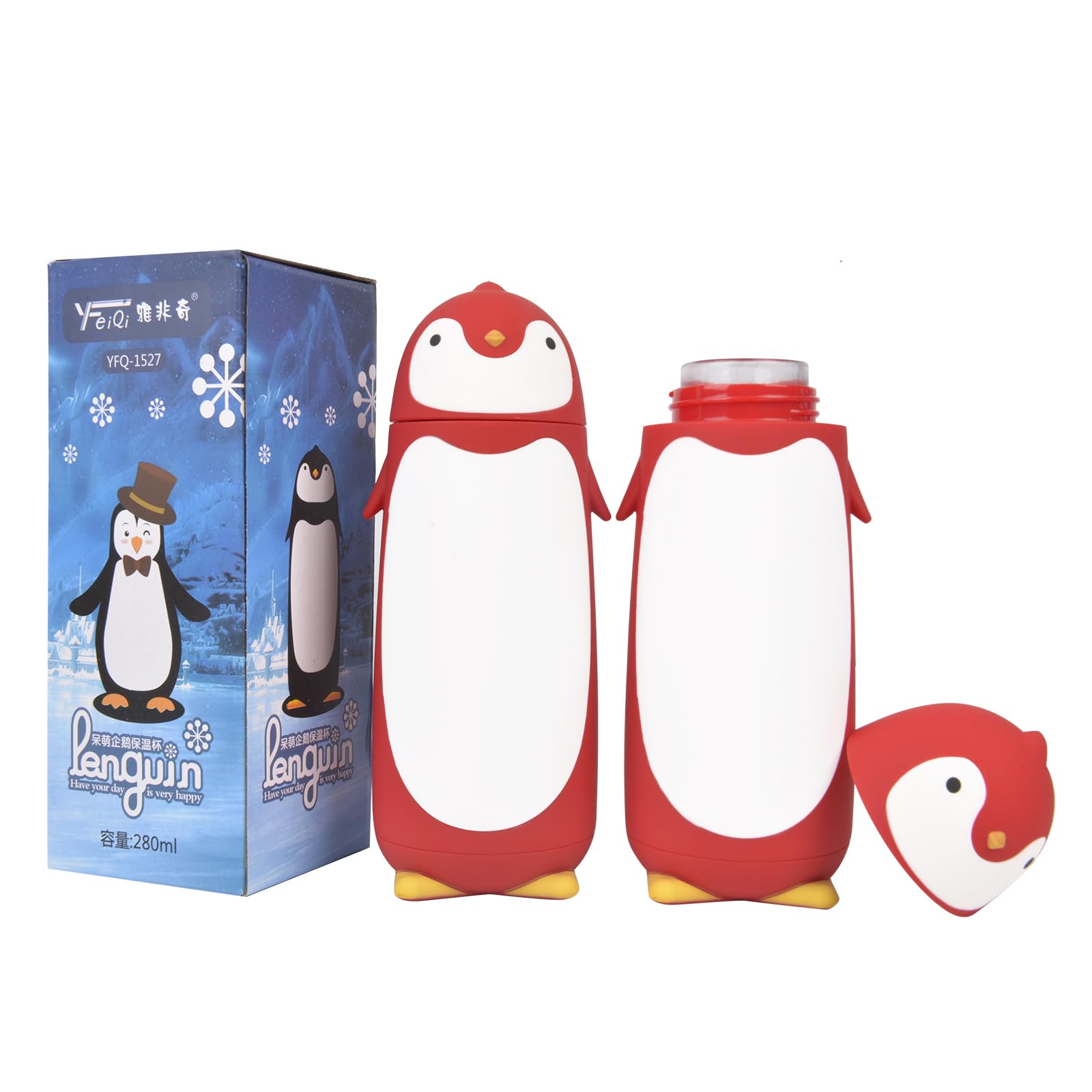**Penguin Glass Water Tumbler - Insulated Double Wall Stainless Steel Travel Mug for Kids & Students, 9.6oz, Red - Perfect for School, Office, Gym & Outdoor Activities**