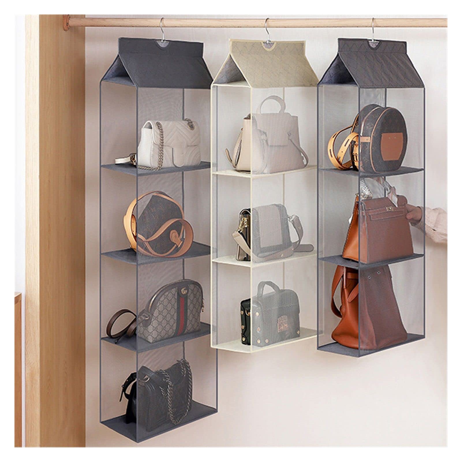 PJRYC 2-Layer Gray Hanging Handbag Organizer for Closet - Space Saving Wardrobe Storage Solution for Purses, Scarves & Accessories - Perfect for Bedroom, Dorm & Travel Organization