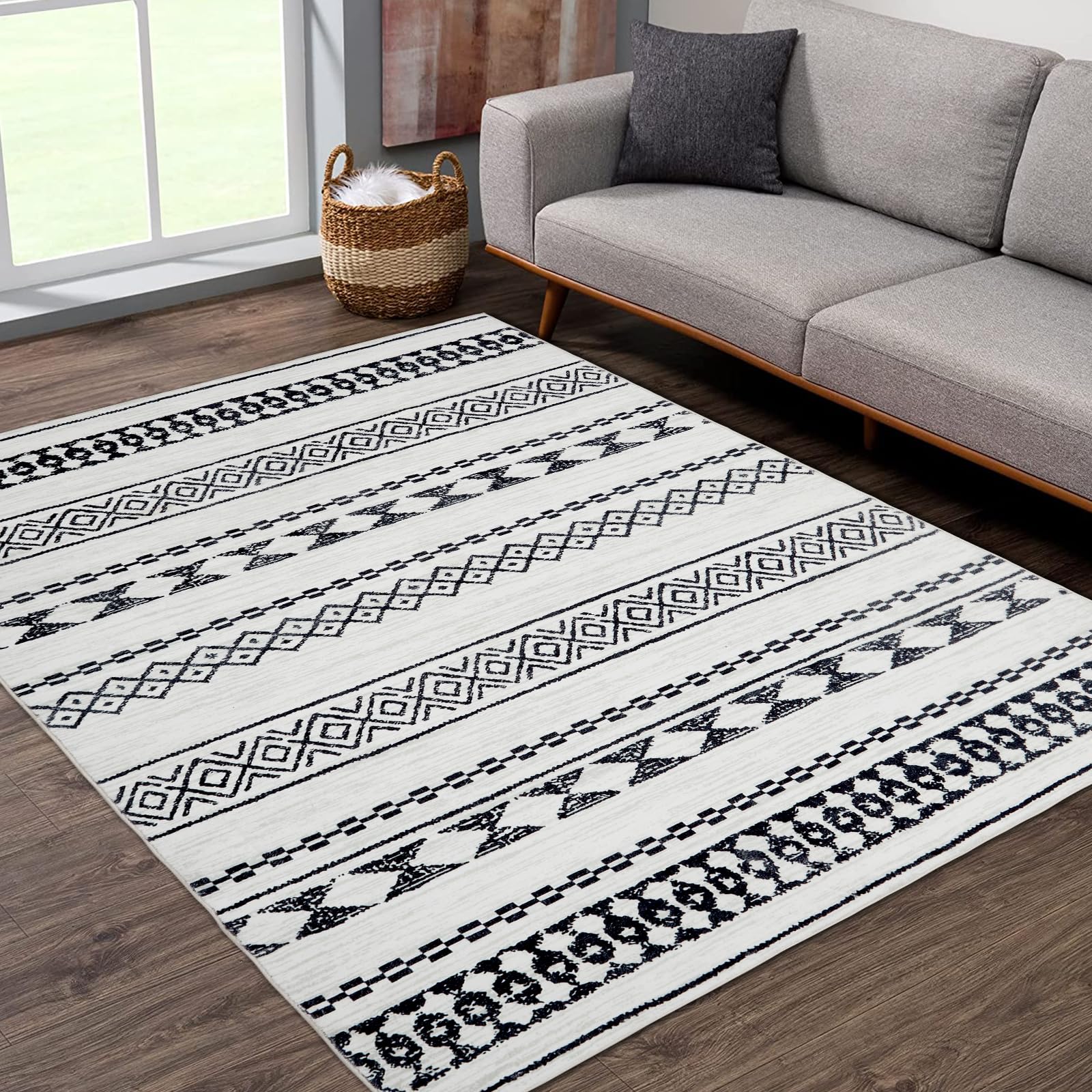 Zacoo 8x10 Non-Slip Geometric Abstract Area Rug - Low Pile Living Room Carpet, Bedroom Decor, Dining & Nursery Rug - Grey/White | Perfect for High-Traffic Areas, Pet-Friendly & Easy to Clean