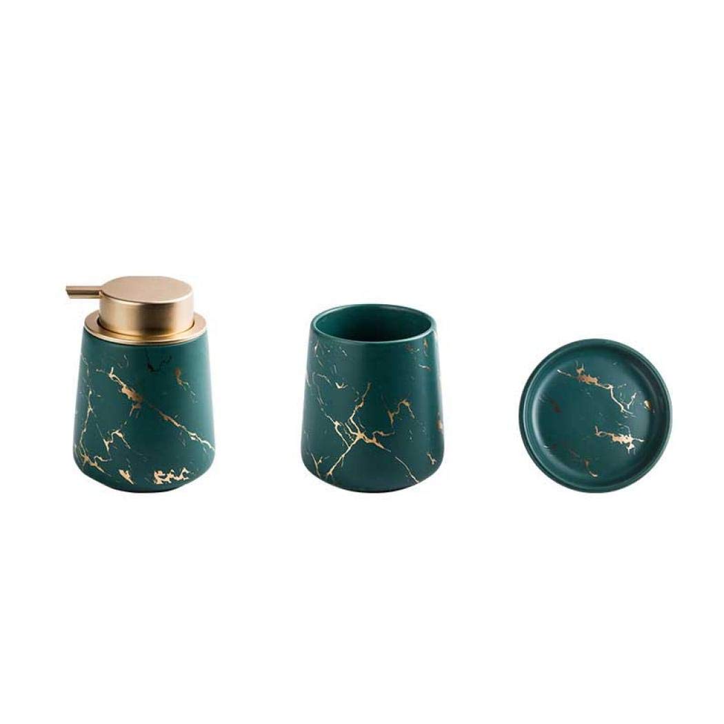 Luxury 4-Piece Marble Pattern Ceramic Bathroom Accessories Set - Soap Dispenser, Toothbrush Holder, Tumbler & Tray - Modern Bathroom Decor for Home & Hotel (Dark Green) | Elegant Spa-Style Upgrade for Master Bath & Guest Powder Room
