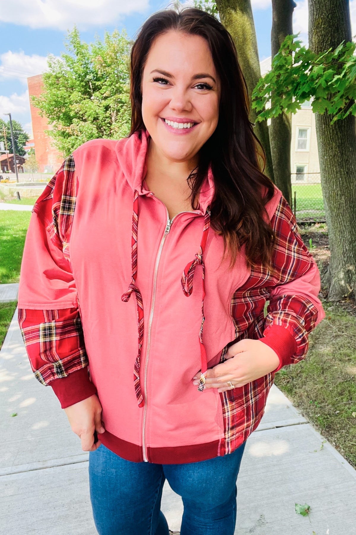 Stylish Marsala Plaid Color Block Zipper French Terry Hoodie for Women | Cozy Fall & Winter Outerwear | Perfect for Casual Outings, Lounge Wear and Street Fashion