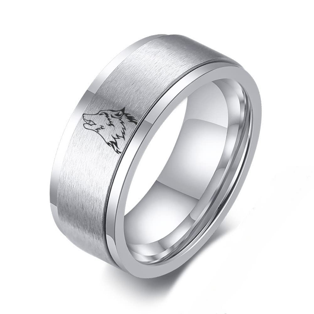 Viking Wolf Spinner Ring for Men & Women - Stainless Steel Wolf Head Anxiety Relief Ring - Fenrir Wolf Spirit Jewelry Gift - Silver Size 7 - Perfect for Stress Relief, Meditation & Wolf Lovers